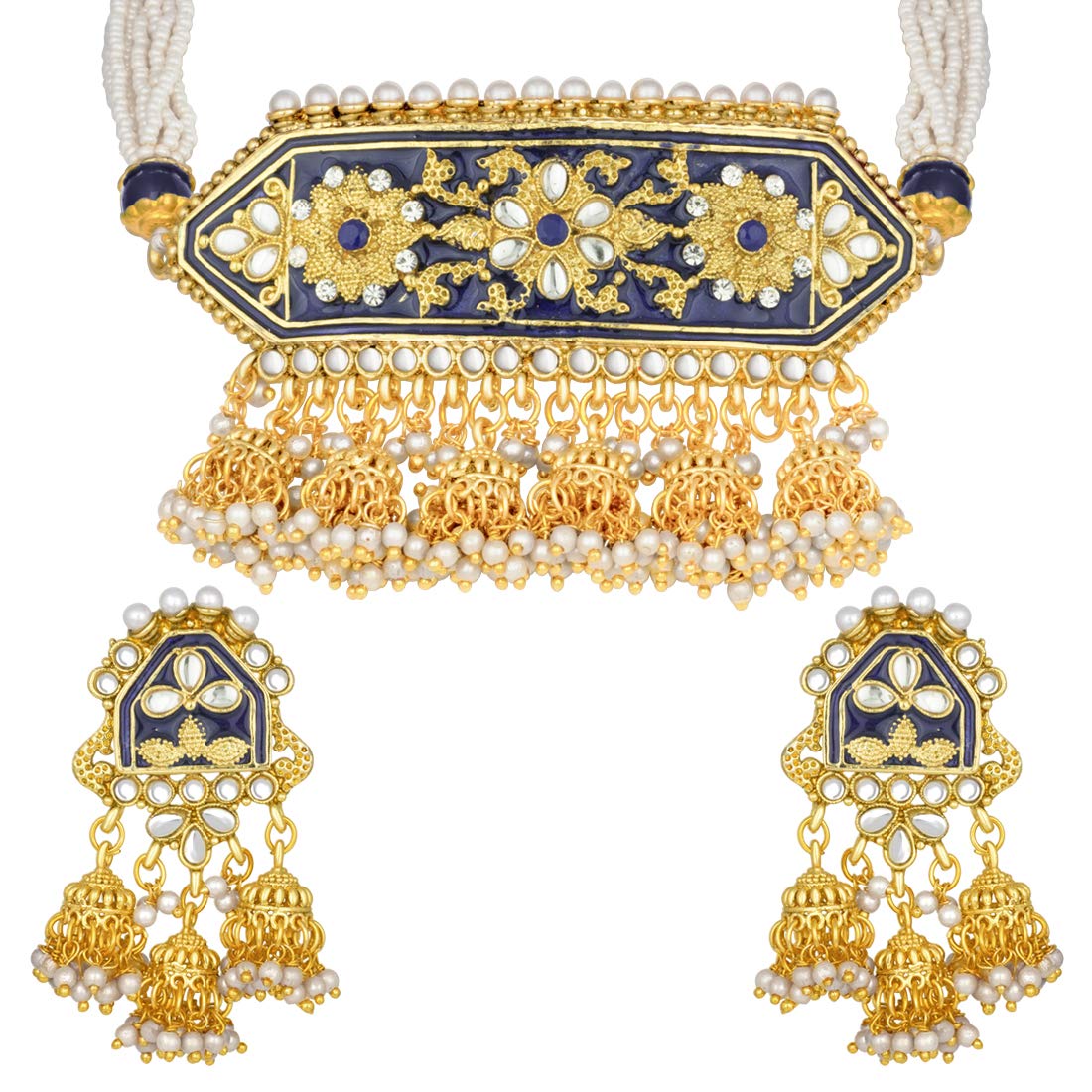 Women's traditiona lgold plated kundan pearl meena work choker jewellery set with jhumkis ml185g