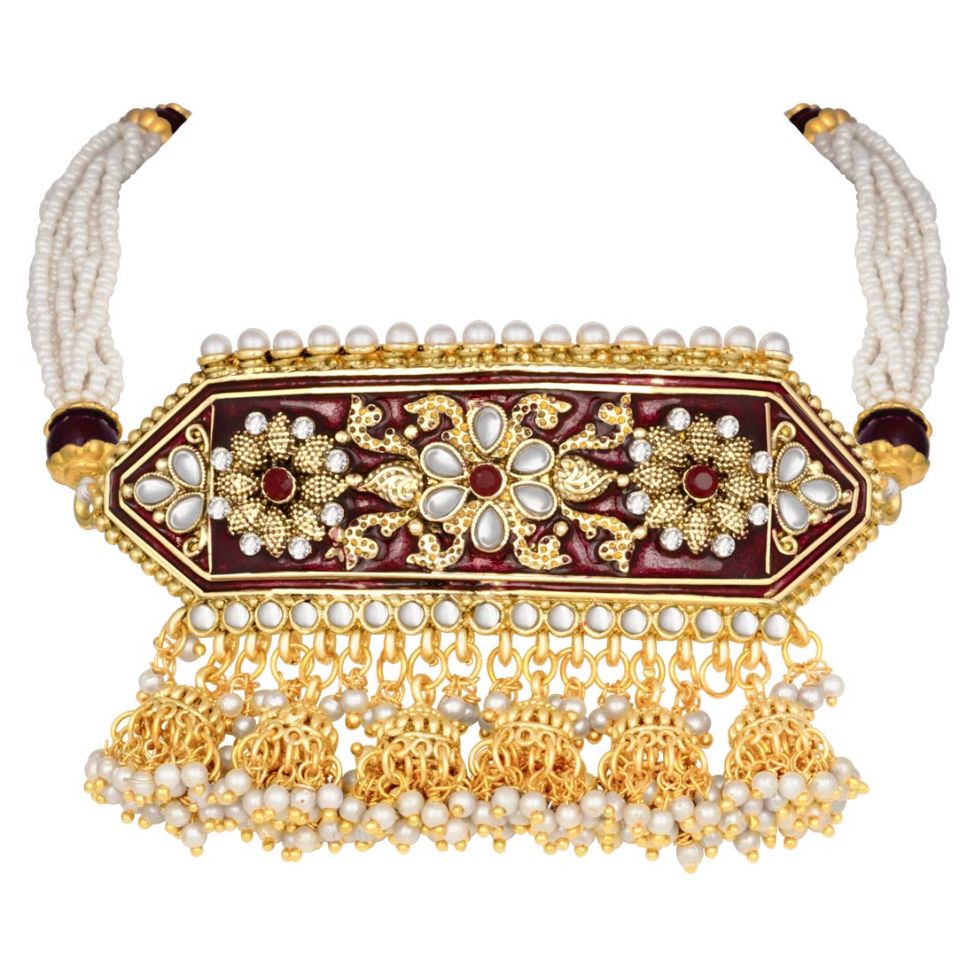 Women's traditiona lgold plated kundan pearl meena work choker jewellery set with jhumkis ml185g