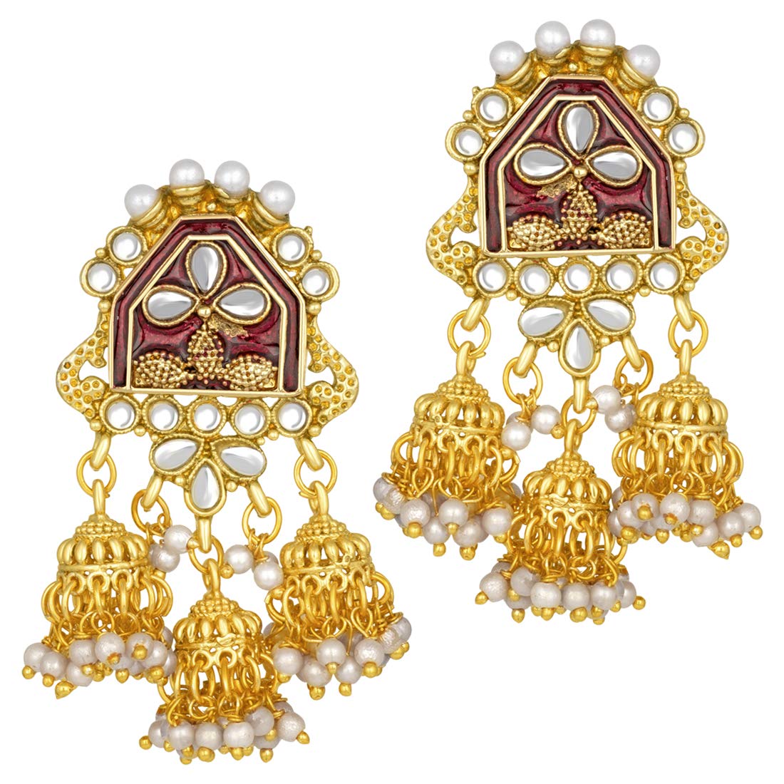 Women's traditiona lgold plated kundan pearl meena work choker jewellery set with jhumkis ml185g