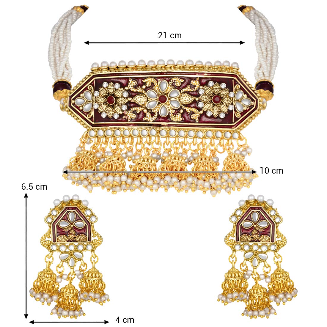 Women's traditiona lgold plated kundan pearl meena work choker jewellery set with jhumkis ml185g
