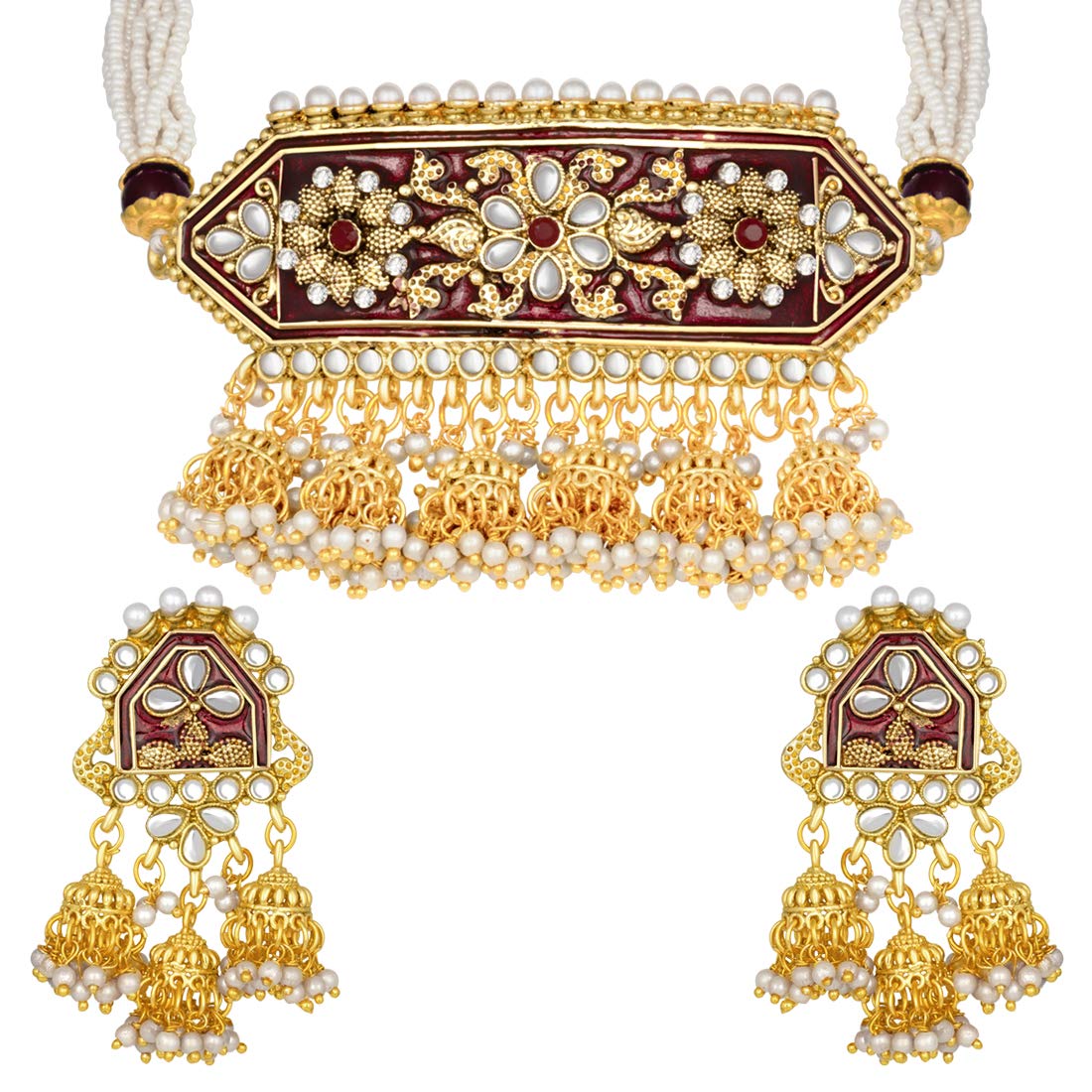 Women's traditiona lgold plated kundan pearl meena work choker jewellery set with jhumkis ml185g