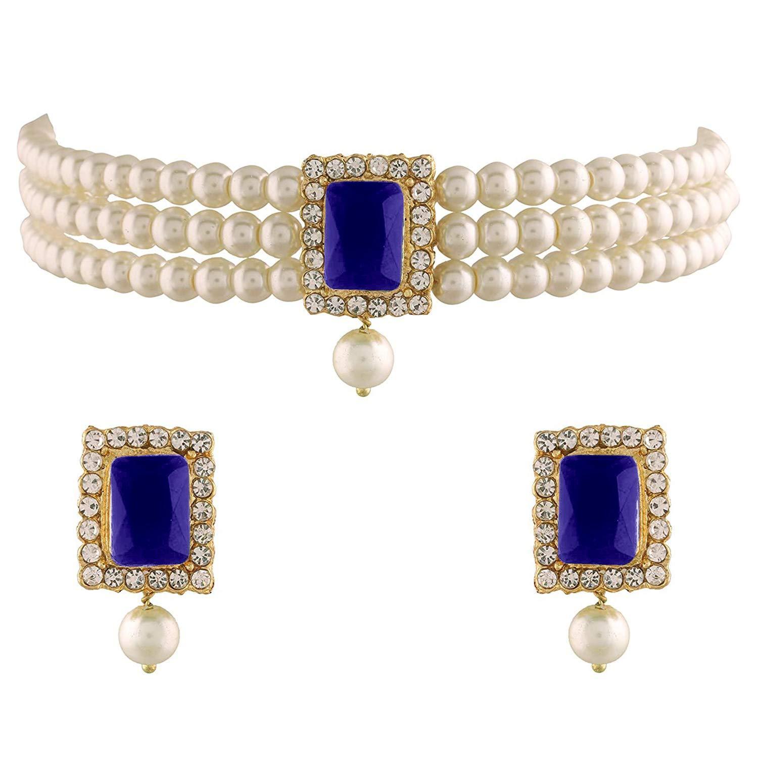 Women's  Gold Plated Handcrafted Sapphire Stone Beaded Choker Necklace Jewellery Set With Earrings