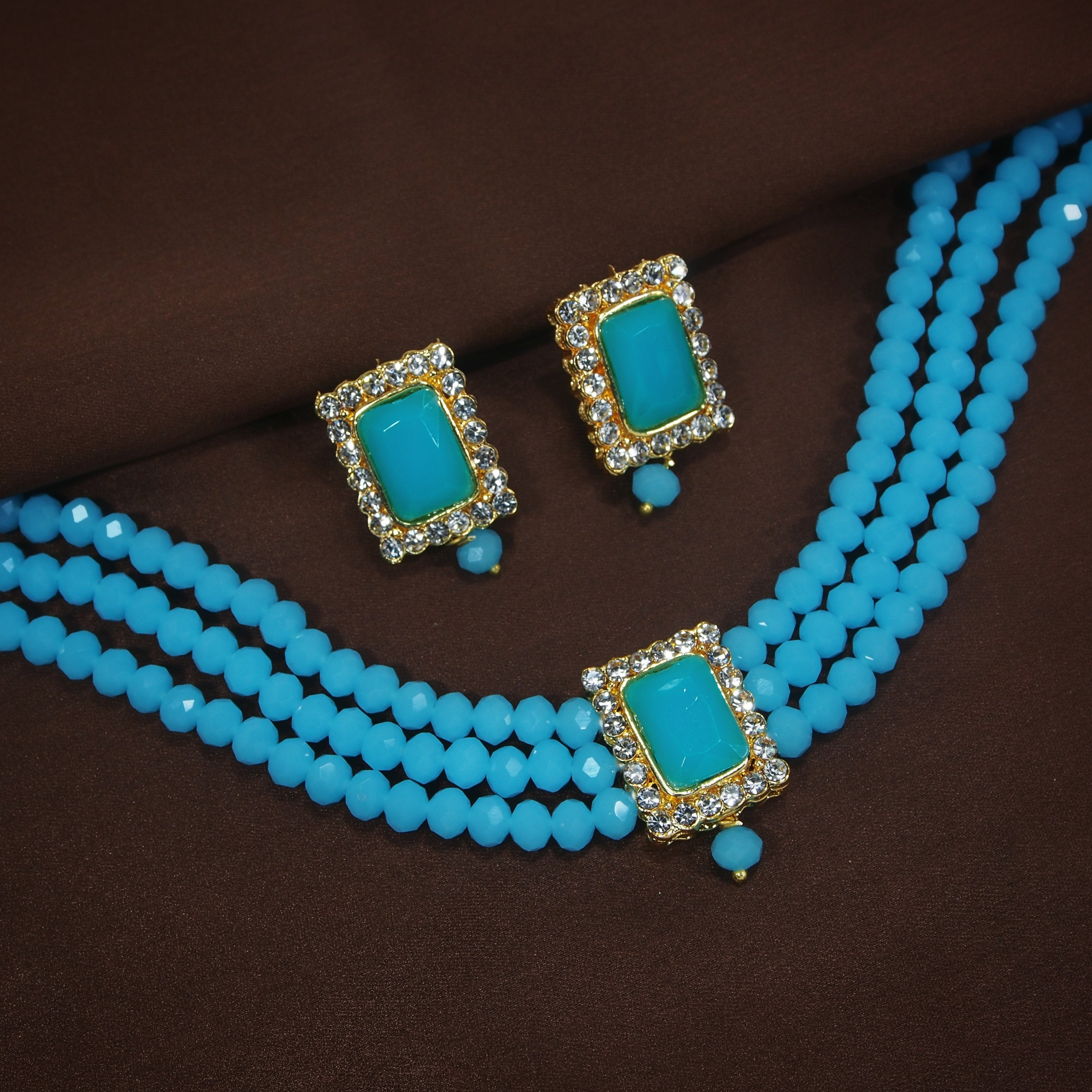 Women's  Gold Plated Traditional Handcrafted Turquoise Crystal Stone Beaded Choker Necklace Jewellery Set With Earrings
