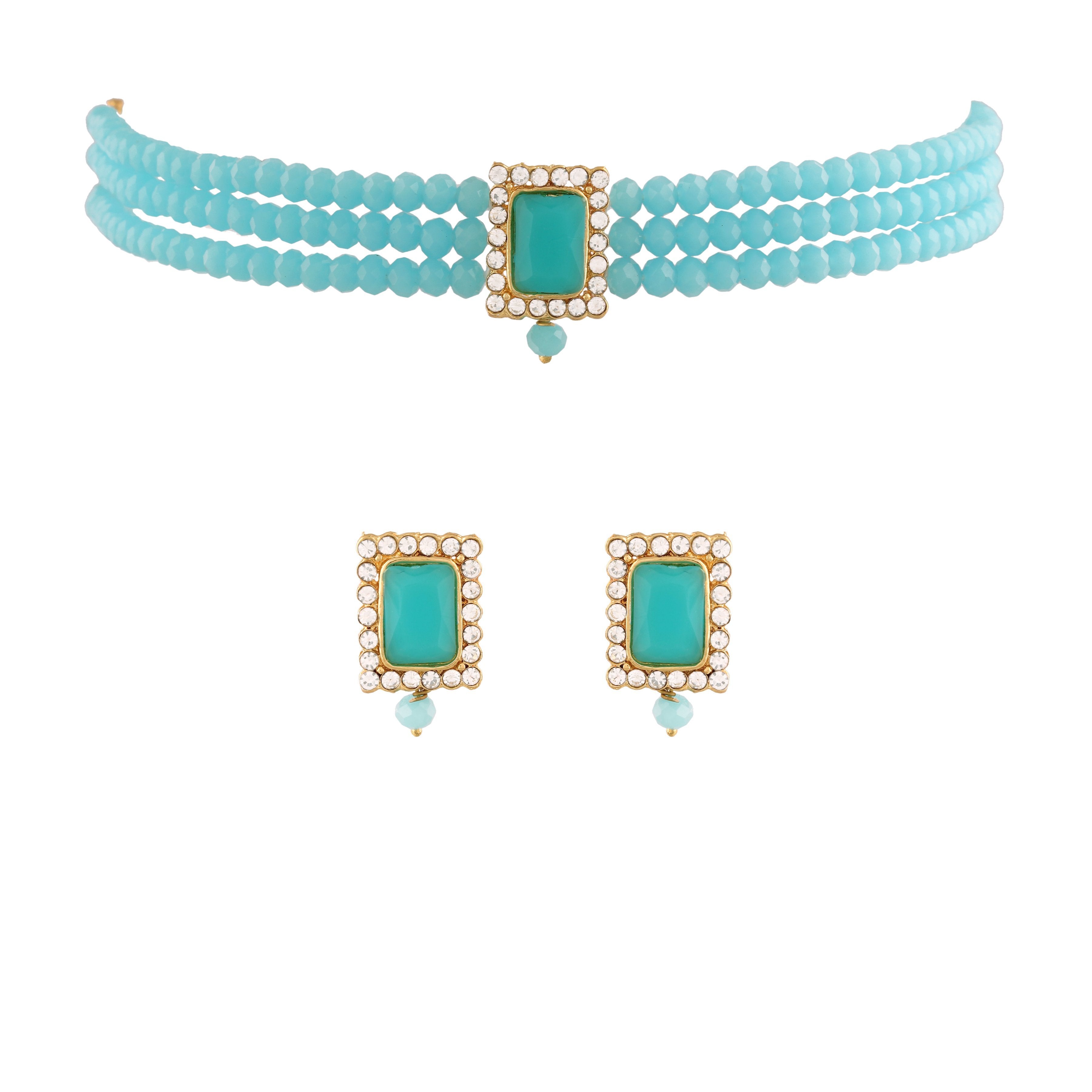 Women's  Gold Plated Traditional Handcrafted Turquoise Crystal Stone Beaded Choker Necklace Jewellery Set With Earrings