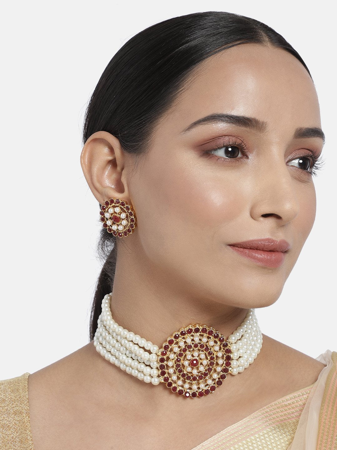 Women's Gold Plated Maroon Light Weight Pearl Beaded Choker Necklace Set