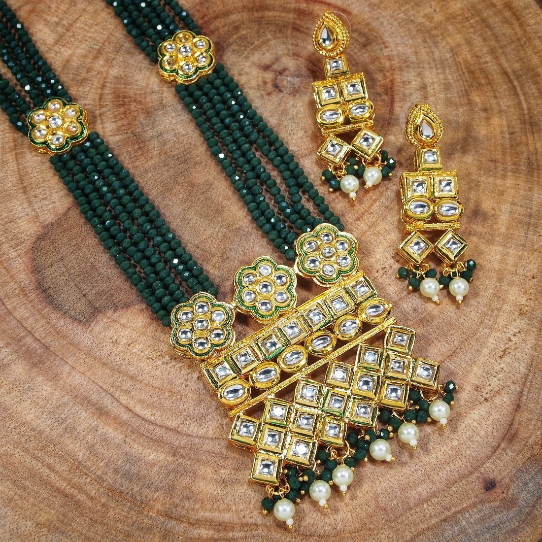 Women's Gold Plated Polki Kundan Brass Necklace Set With Earrings Emerald Crystal Onyx Long Mala