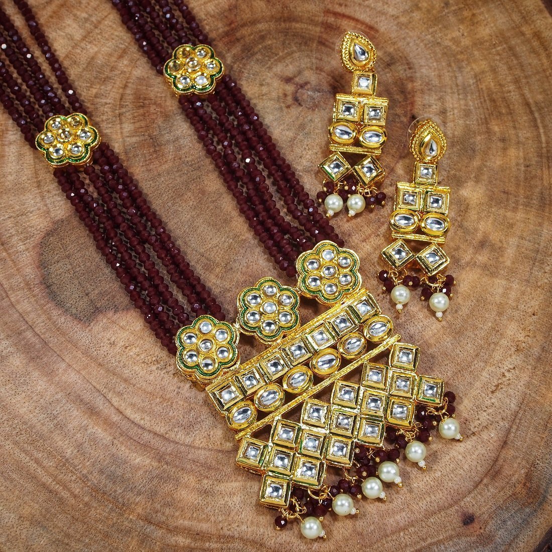 Women's Gold Plated Polki Kundan Brass Necklace Set With Earrings Maroon Crystal Onyx Long Mala