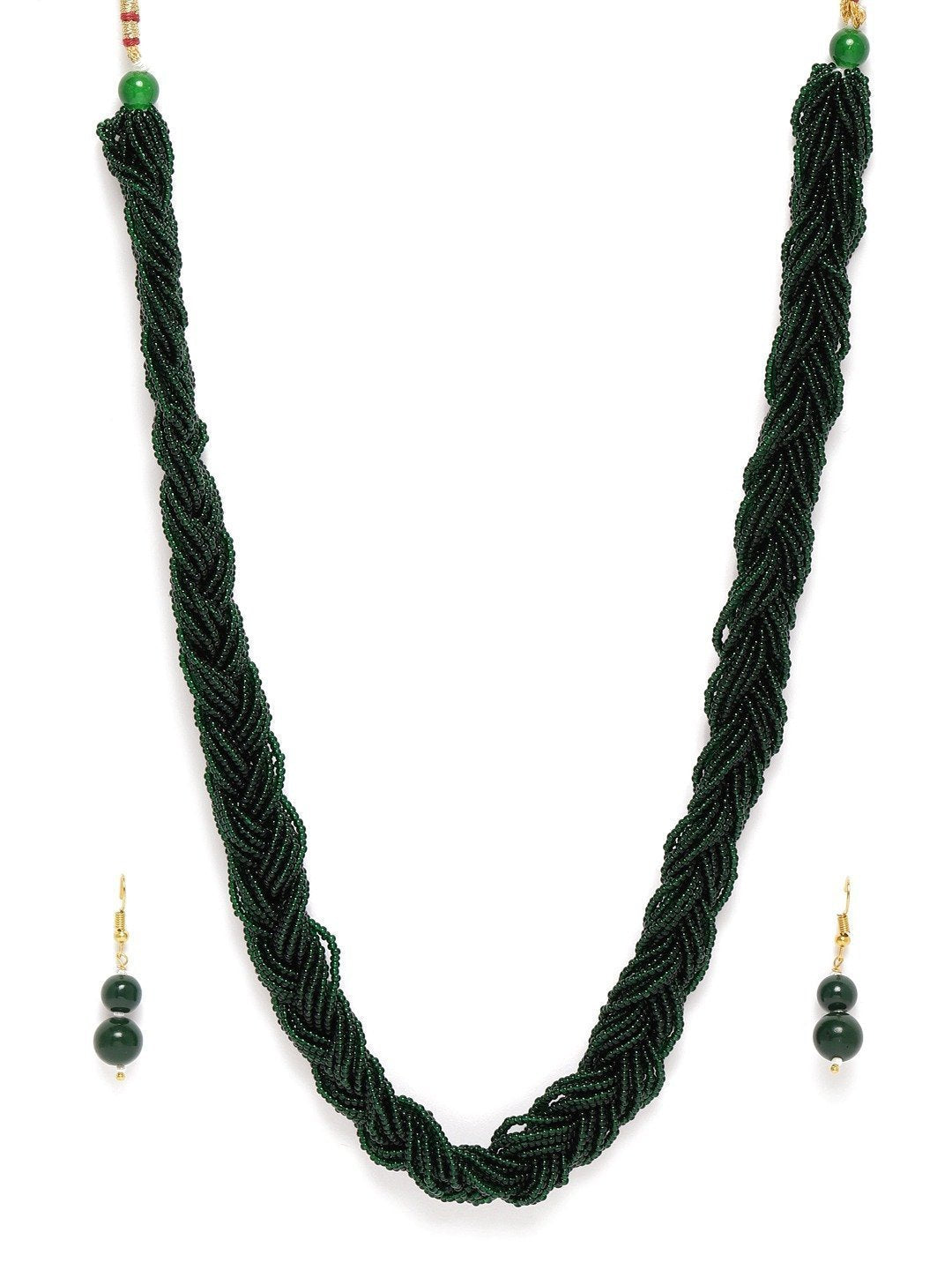Women's Designer Emerald Twisted Beads Long Necklace Set With Earrings