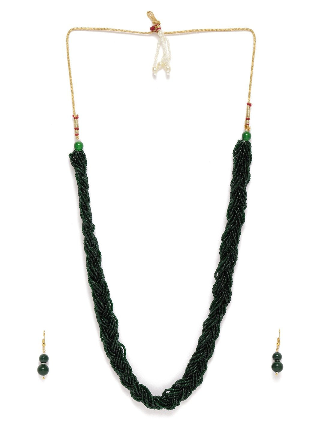 Women's Designer Emerald Twisted Beads Long Necklace Set With Earrings
