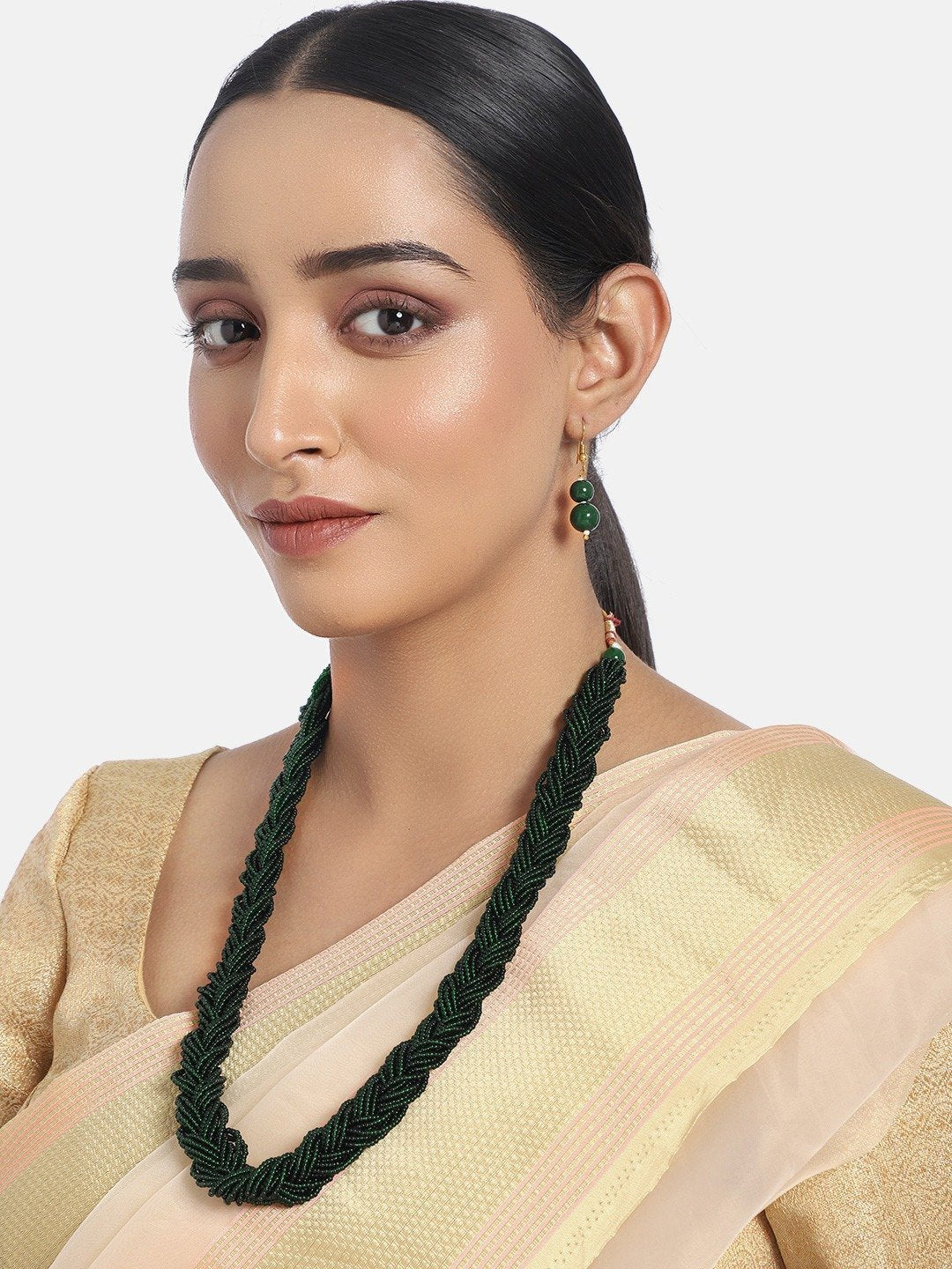 Women's Designer Emerald Twisted Beads Long Necklace Set With Earrings