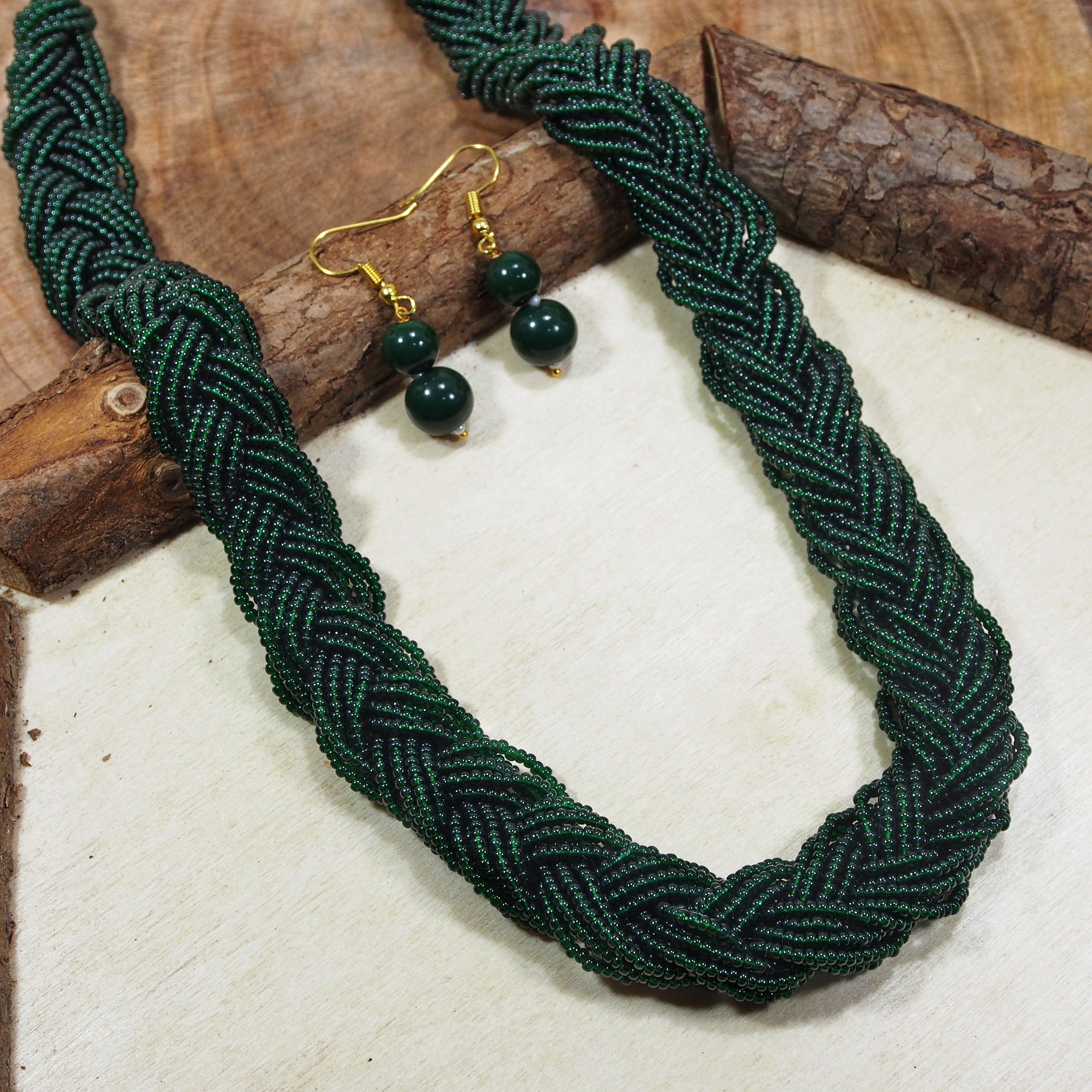 Women's Designer Emerald Twisted Beads Long Necklace Set With Earrings
