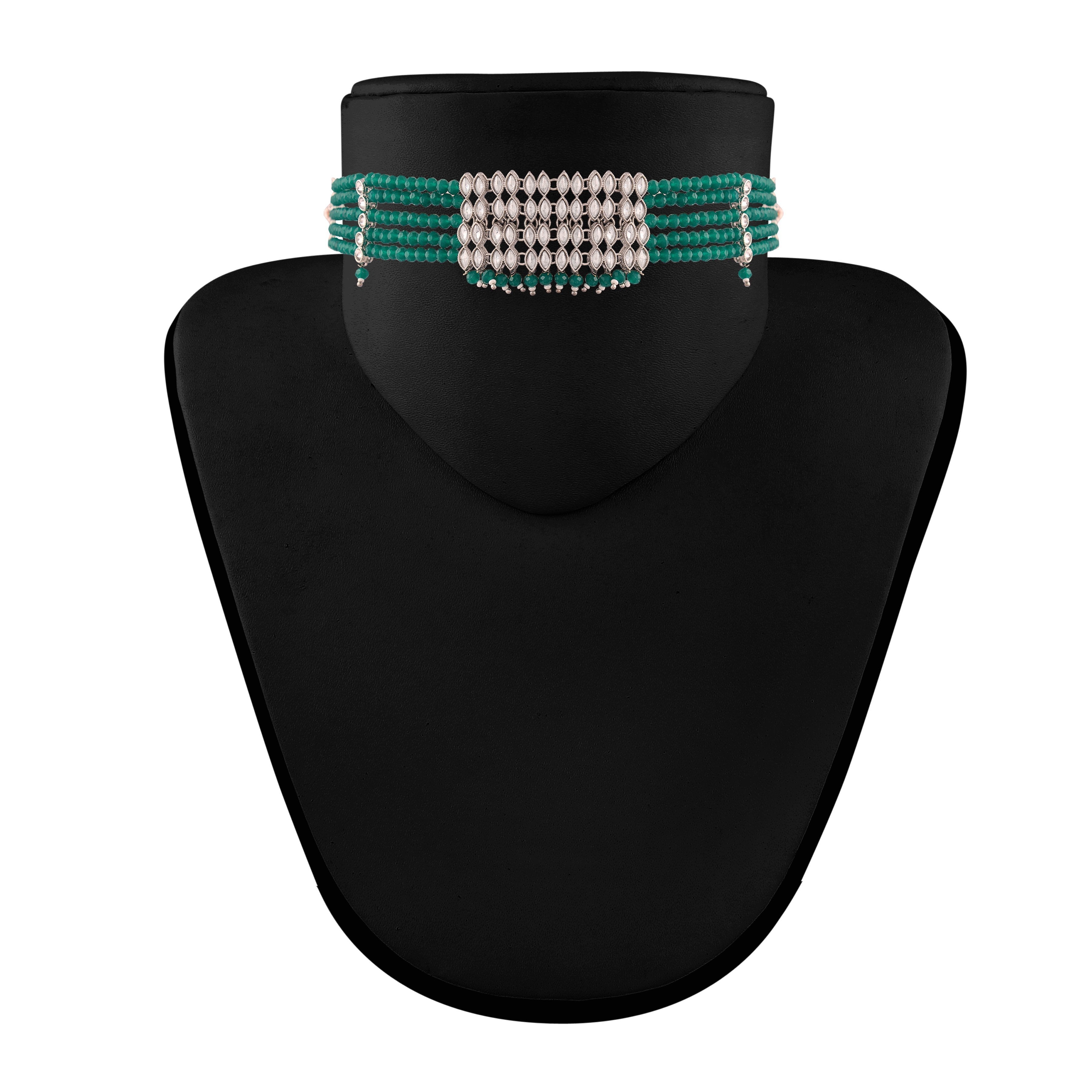 Women's Silver Plated Green Crystal Beads with Stone Studded Choker Necklace Set