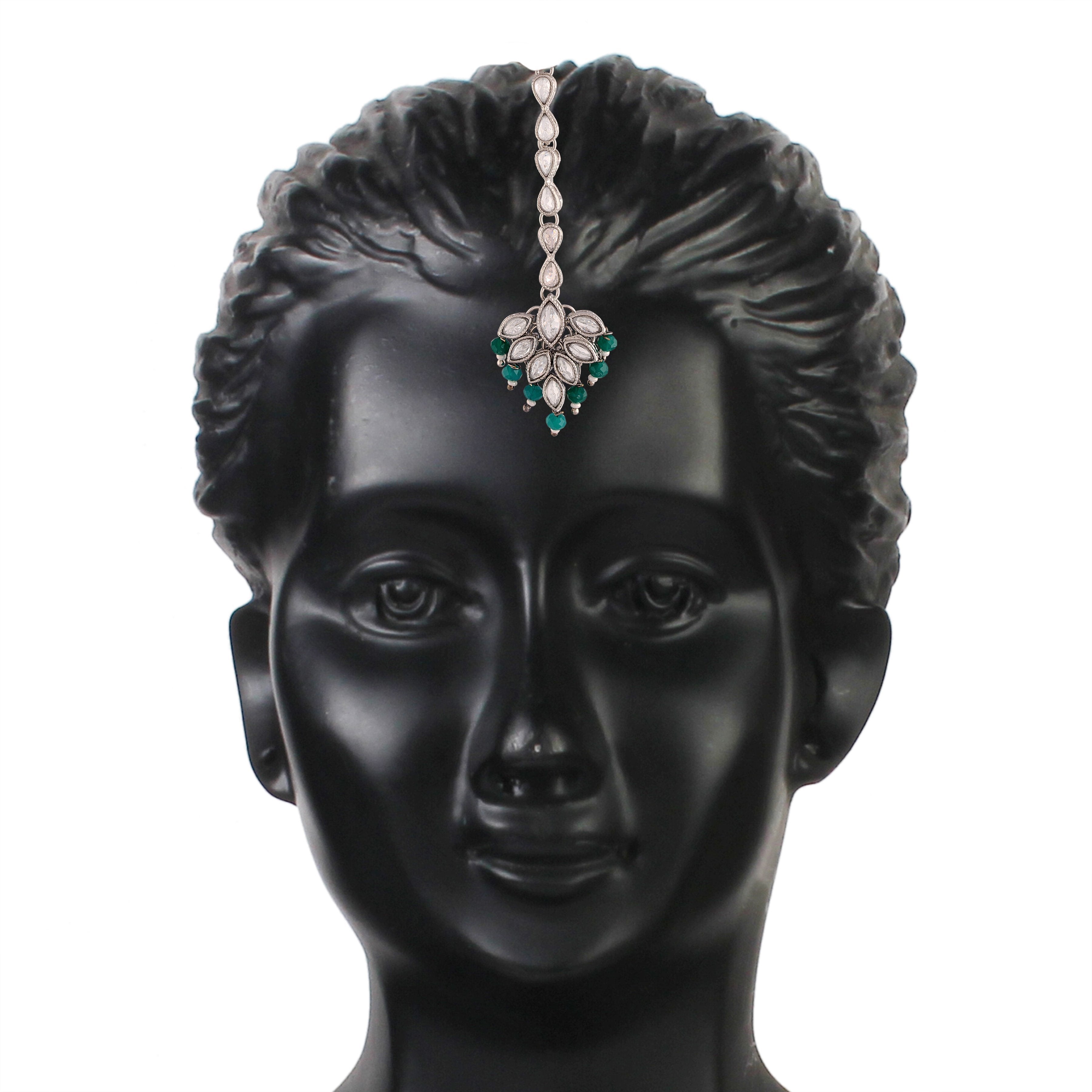 Women's Silver Plated Green Crystal Beads with Stone Studded Choker Necklace Set