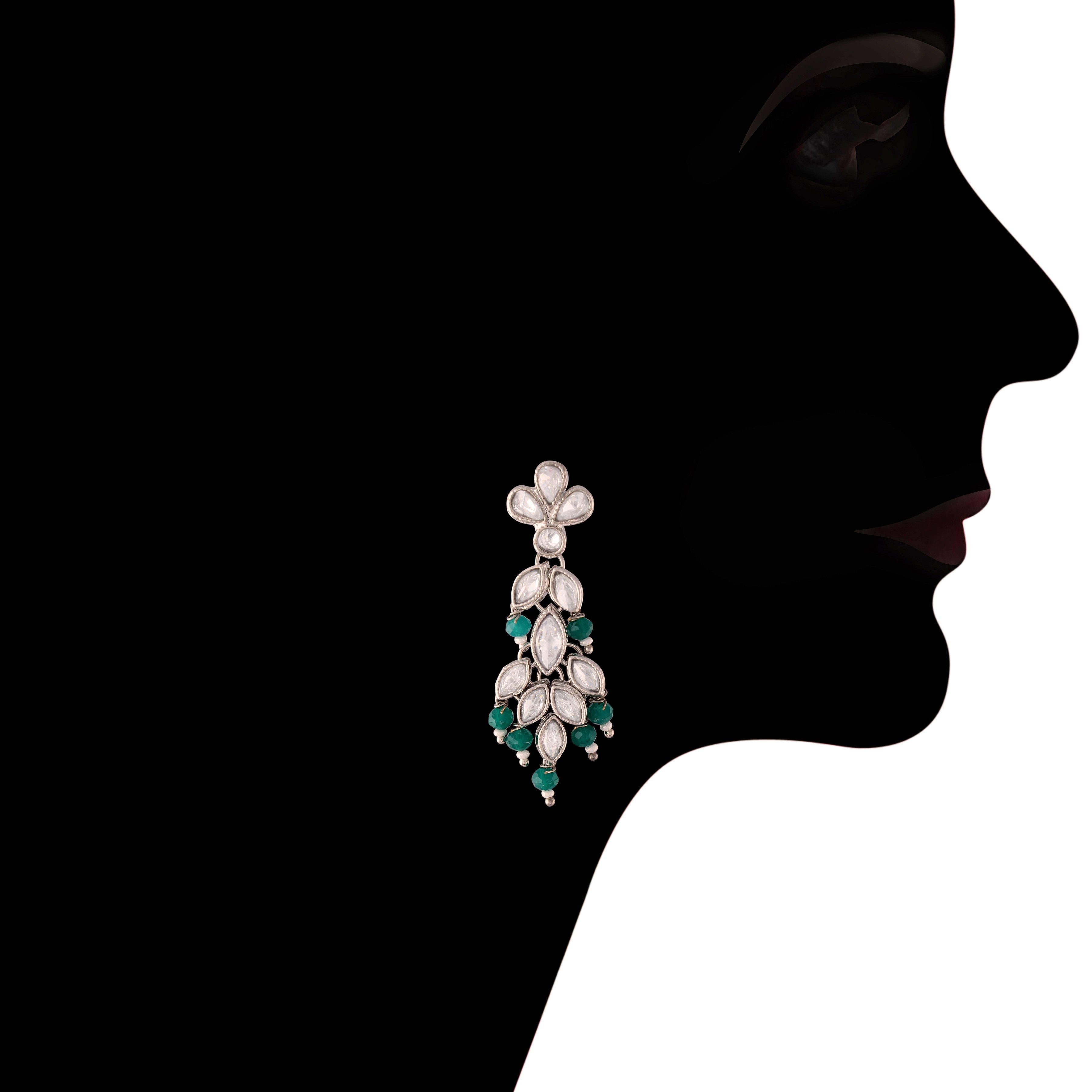 Women's Silver Plated Green Crystal Beads with Stone Studded Choker Necklace Set