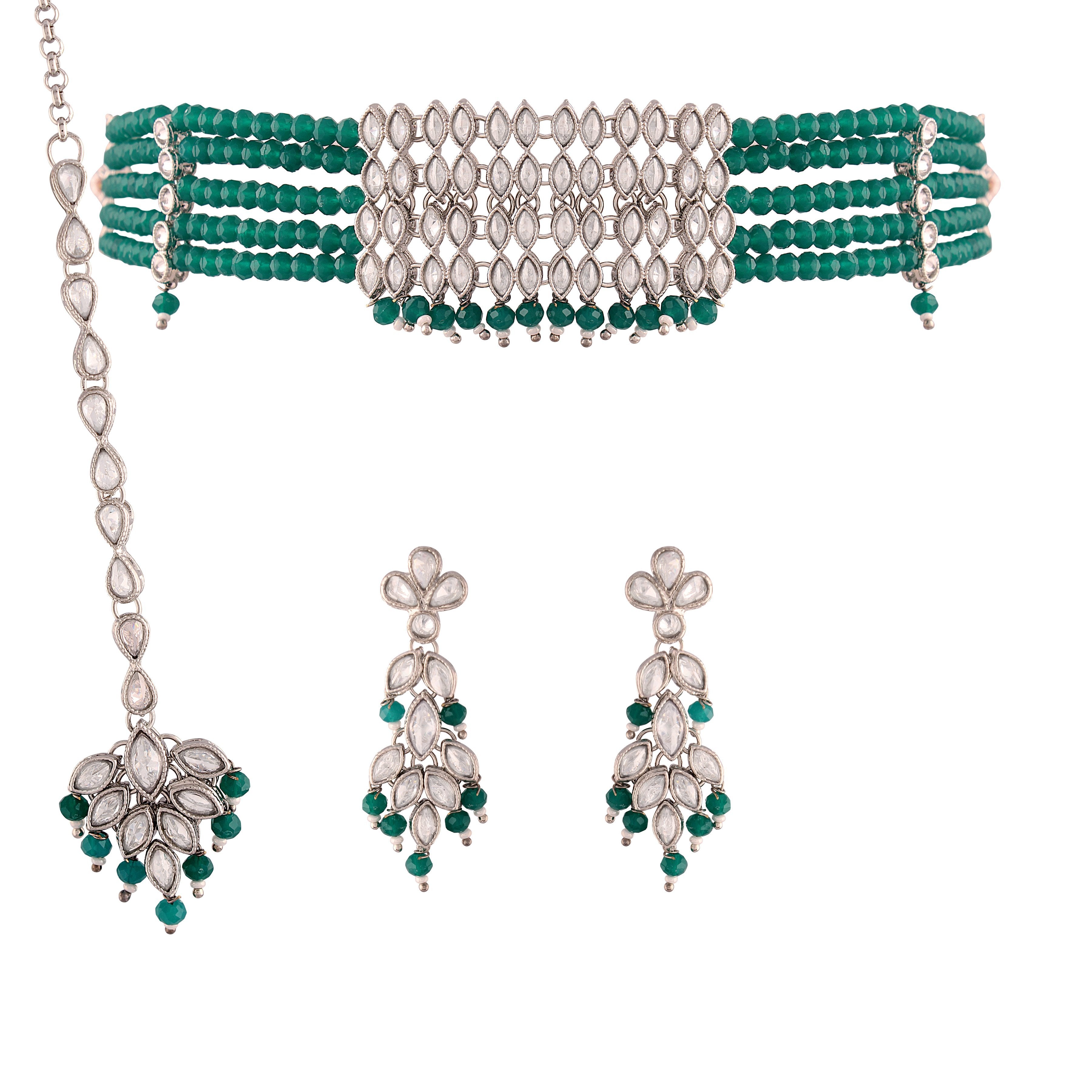 Women's Silver Plated Green Crystal Beads with Stone Studded Choker Necklace Set