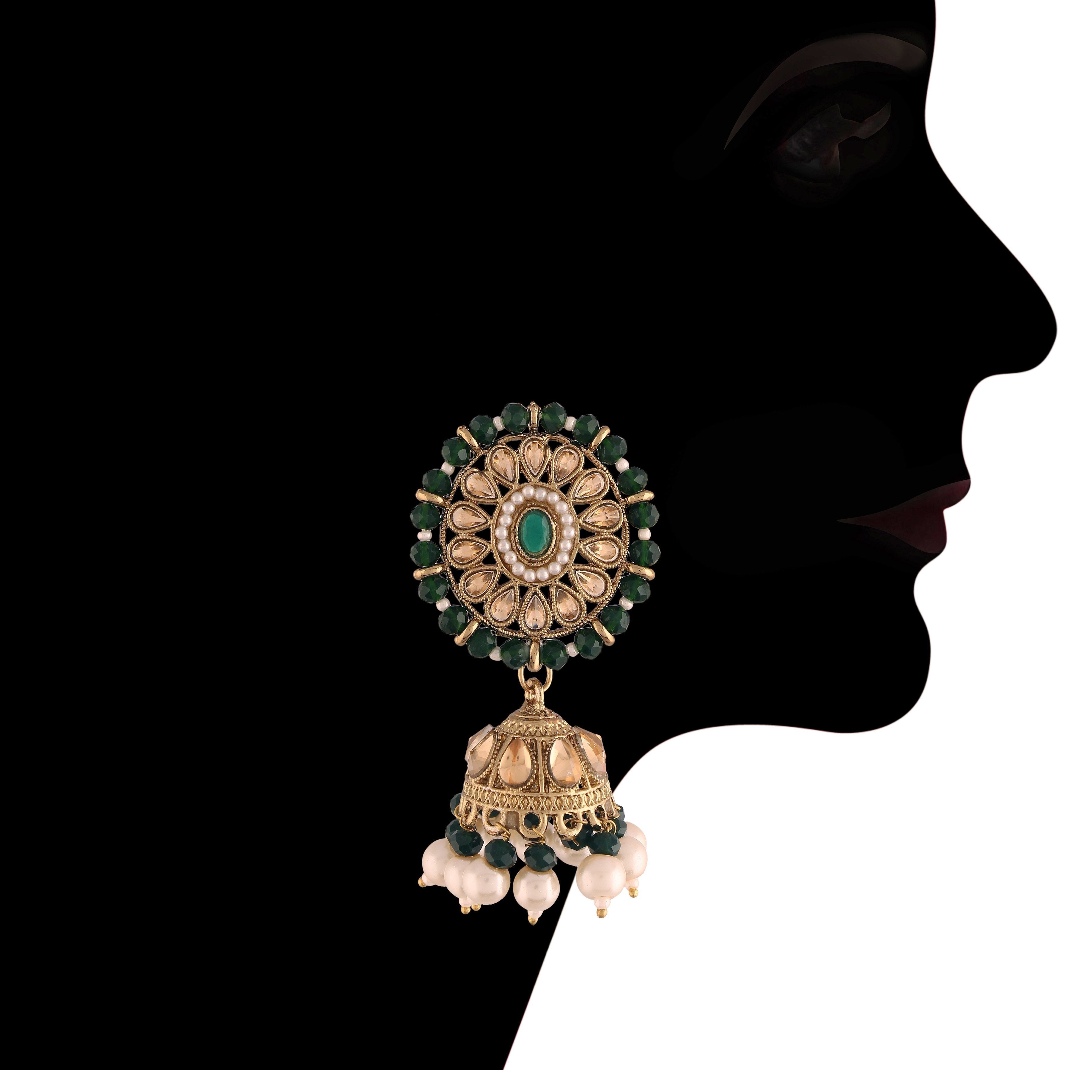 Women's Gold Plated Dark Green Onyx Crystal Beads with Peal Kundan Choker Necklace Set