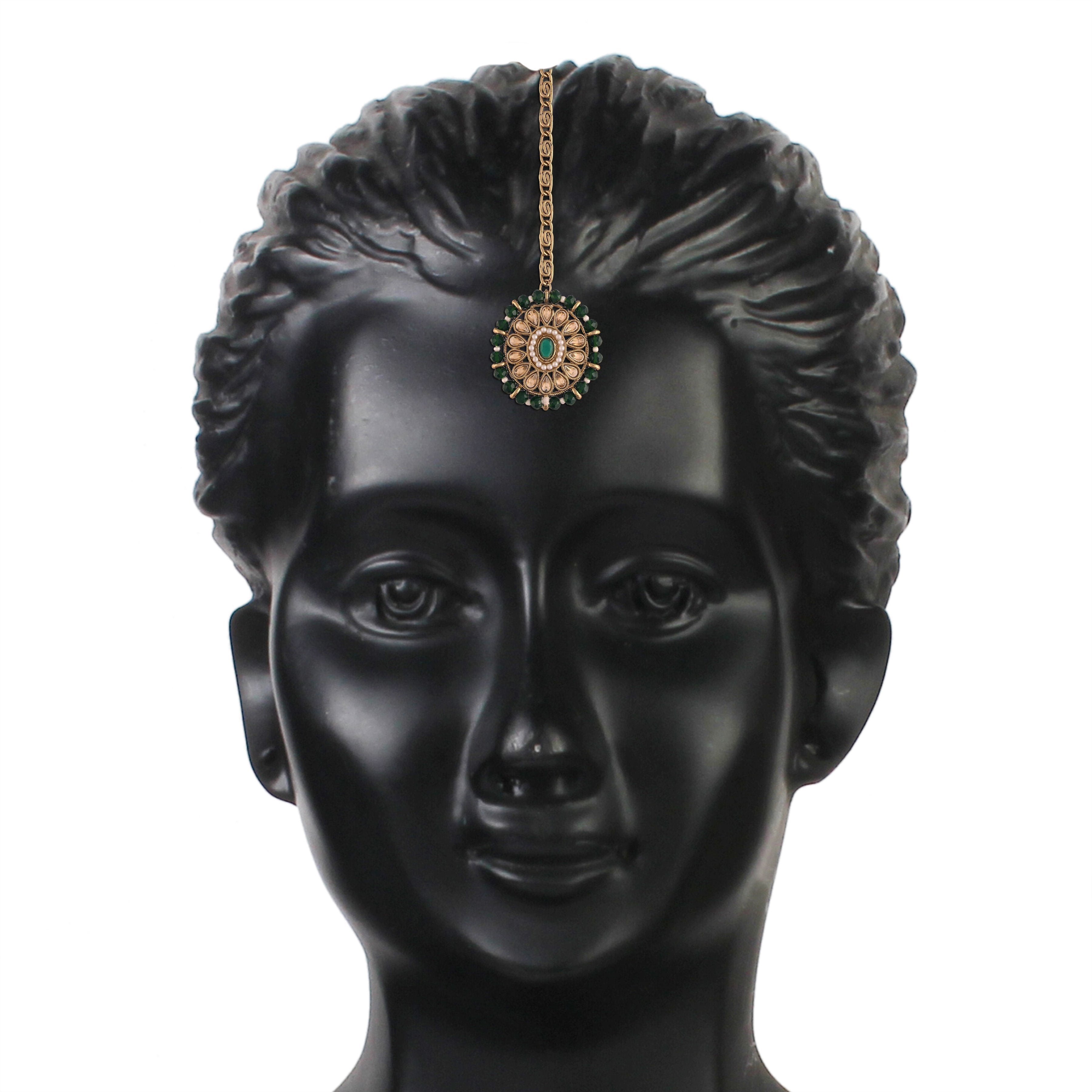 Women's Gold Plated Dark Green Onyx Crystal Beads with Peal Kundan Choker Necklace Set