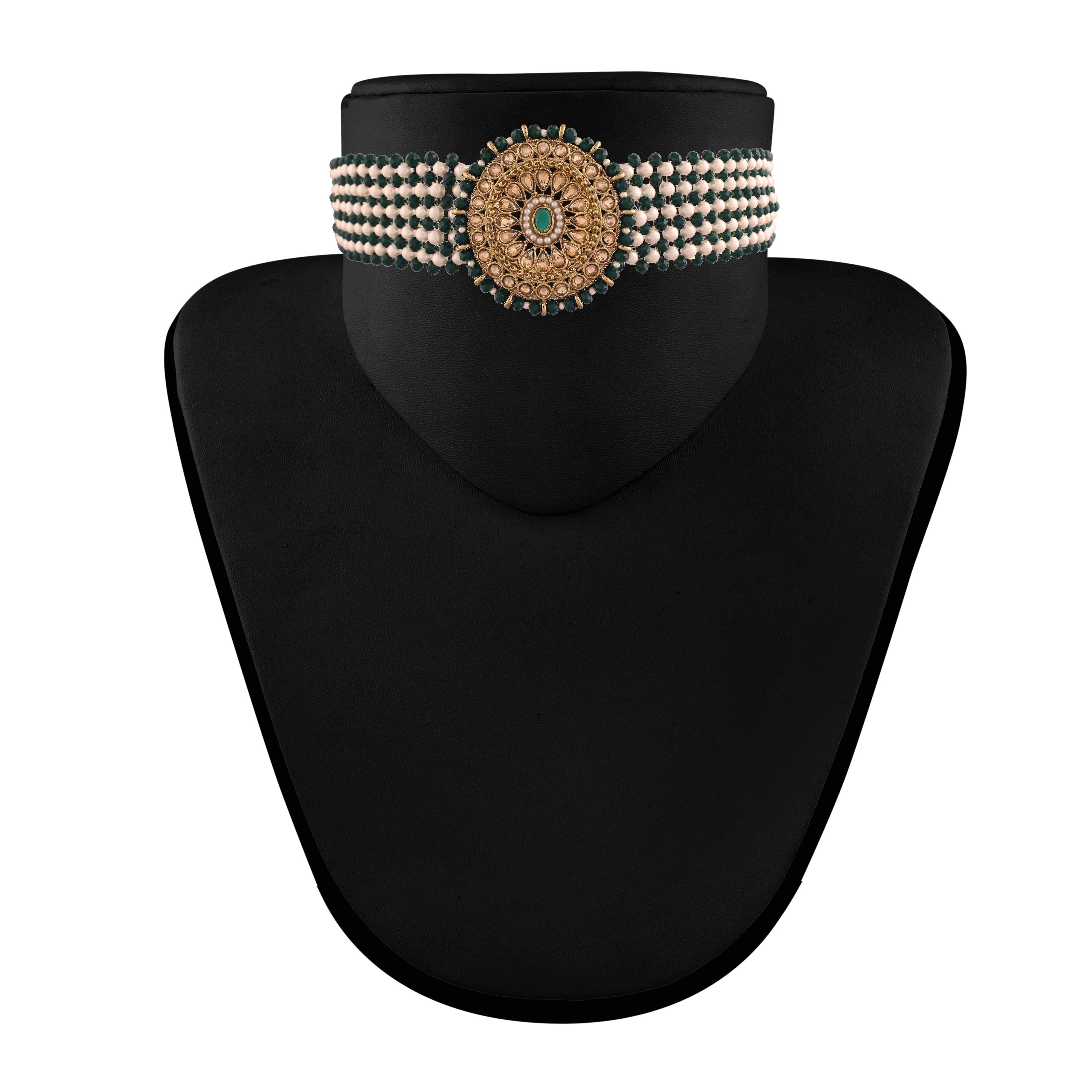 Women's Gold Plated Dark Green Onyx Crystal Beads with Peal Kundan Choker Necklace Set