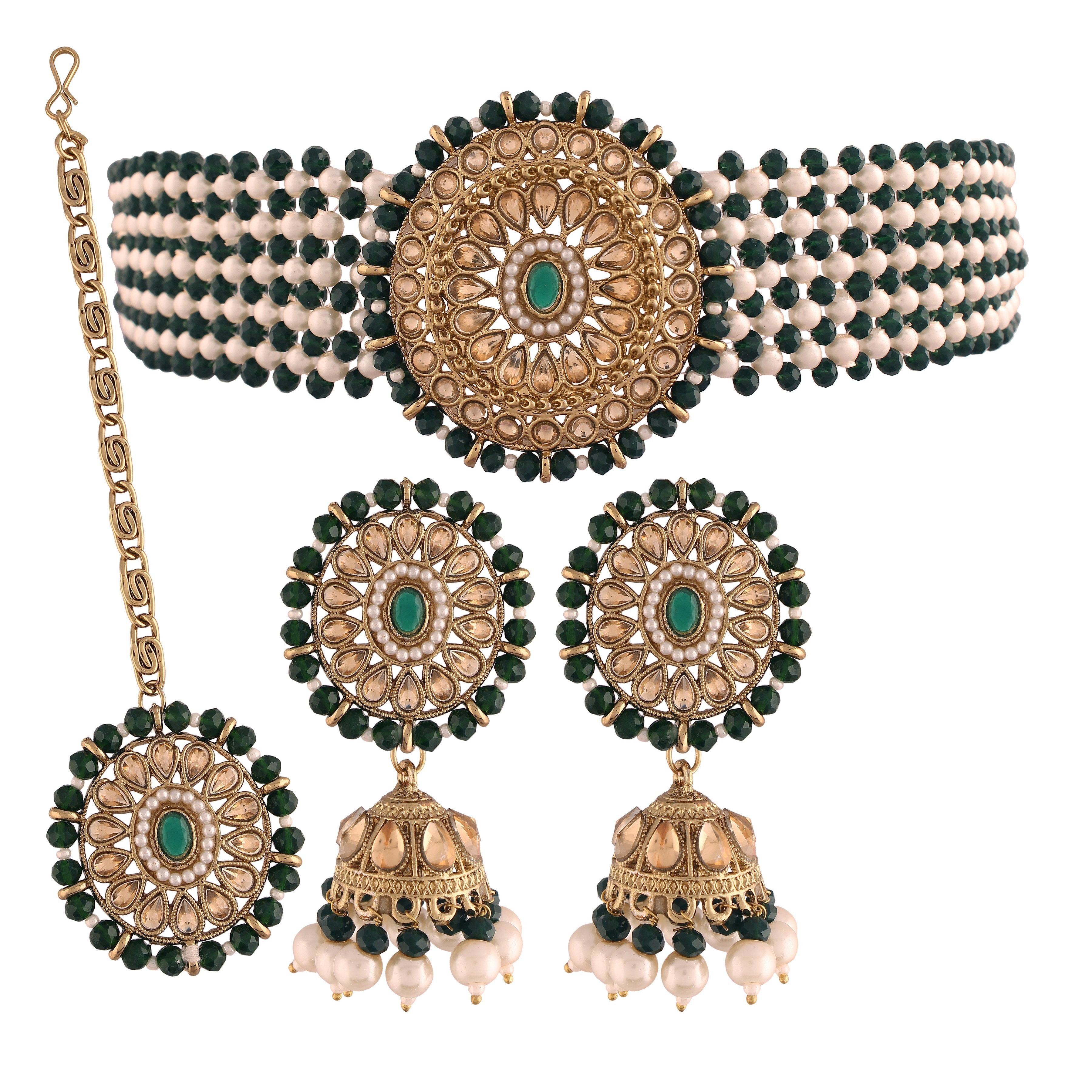 Women's Gold Plated Dark Green Onyx Crystal Beads with Peal Kundan Choker Necklace Set