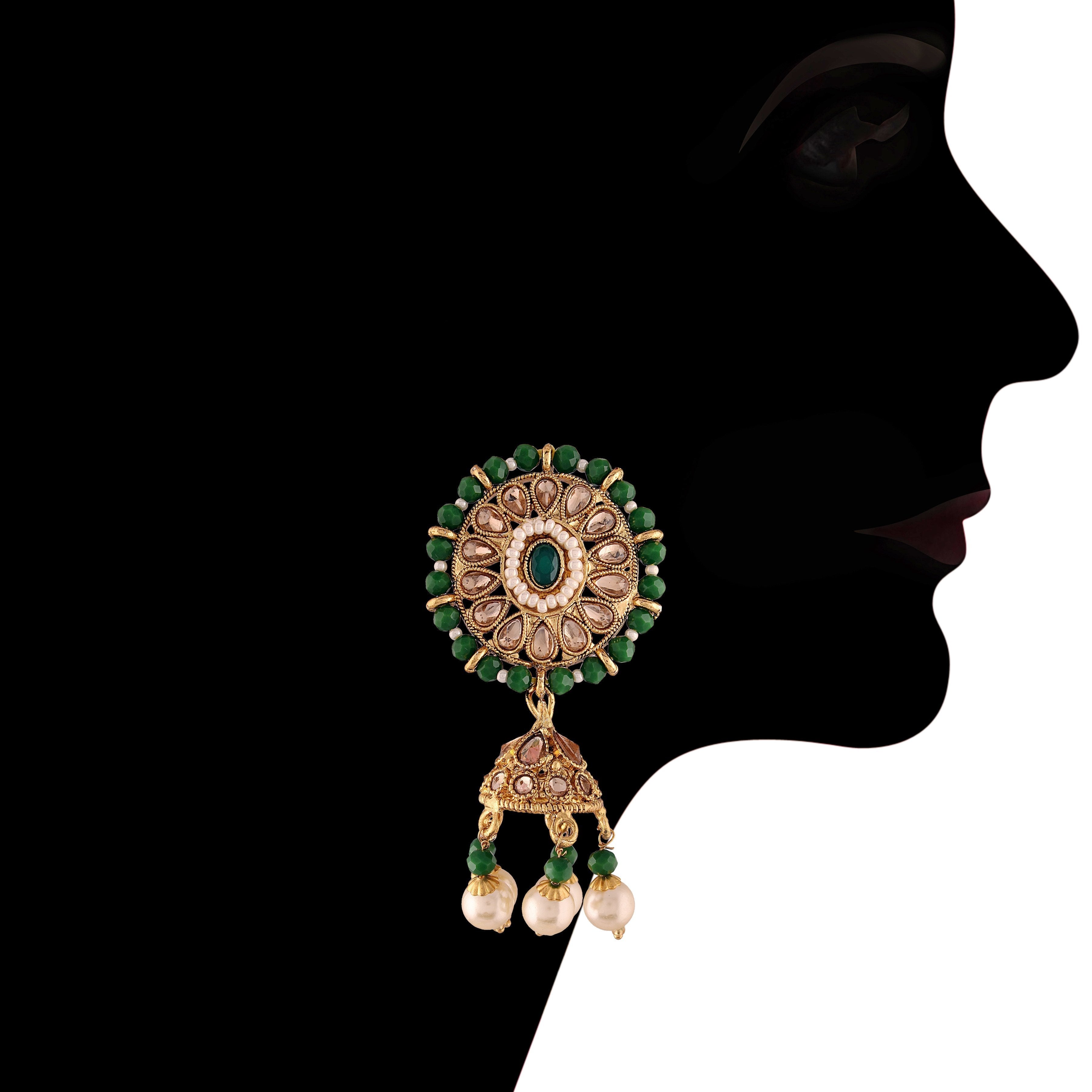 Women's Gold Plated Green Onyx Crystal Beads with Peal Kundan Choker Necklace Set