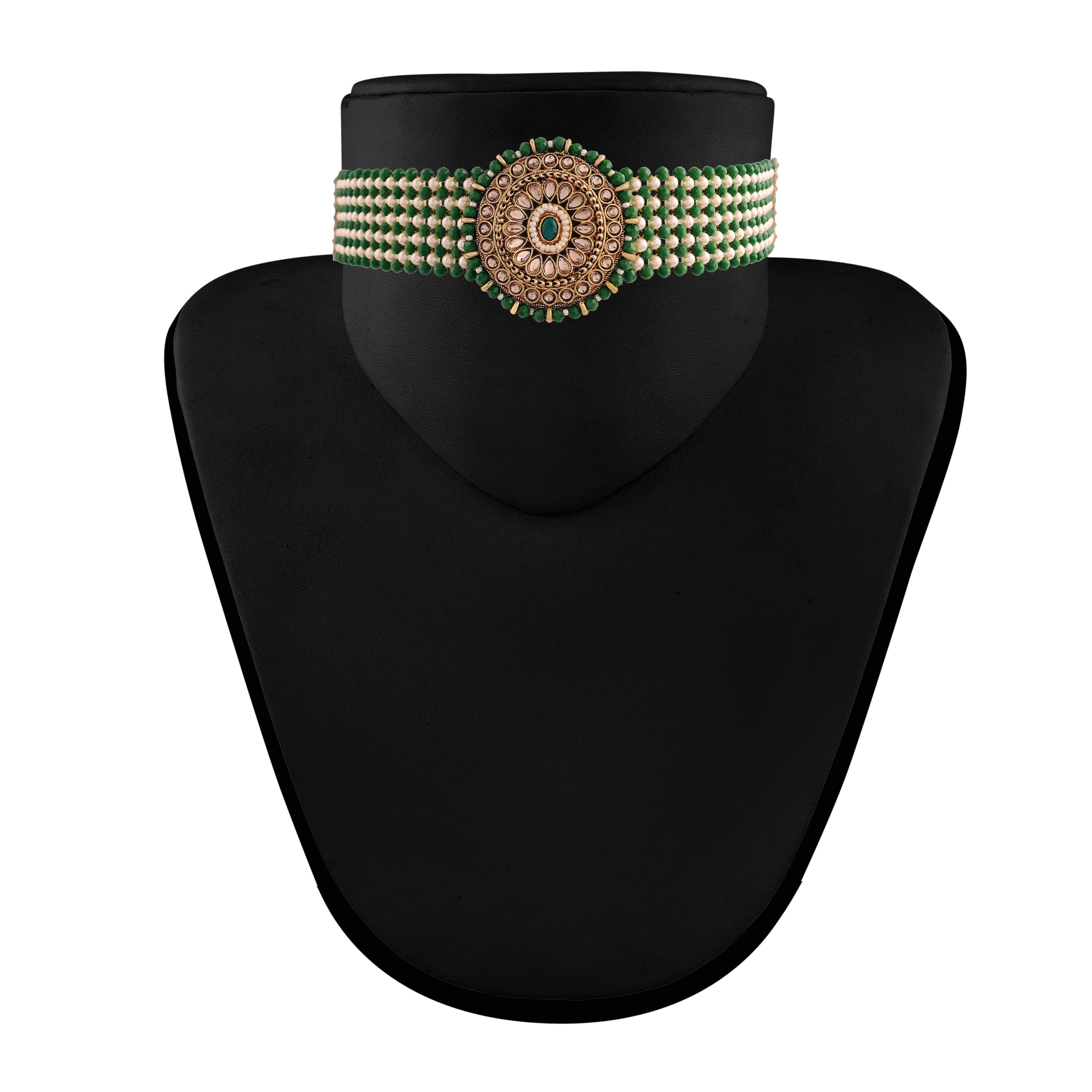 Women's Gold Plated Green Onyx Crystal Beads with Peal Kundan Choker Necklace Set