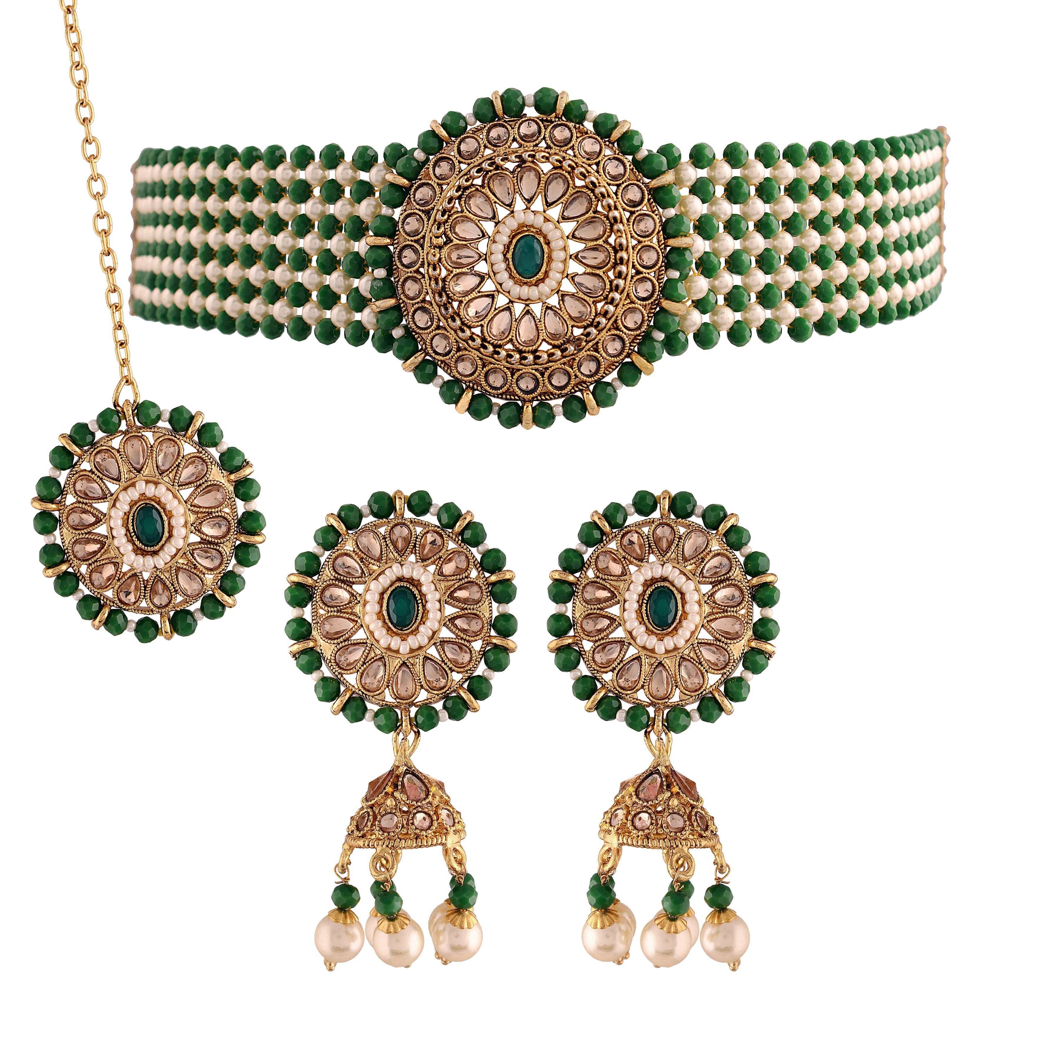 Women's Gold Plated Green Onyx Crystal Beads with Peal Kundan Choker Necklace Set