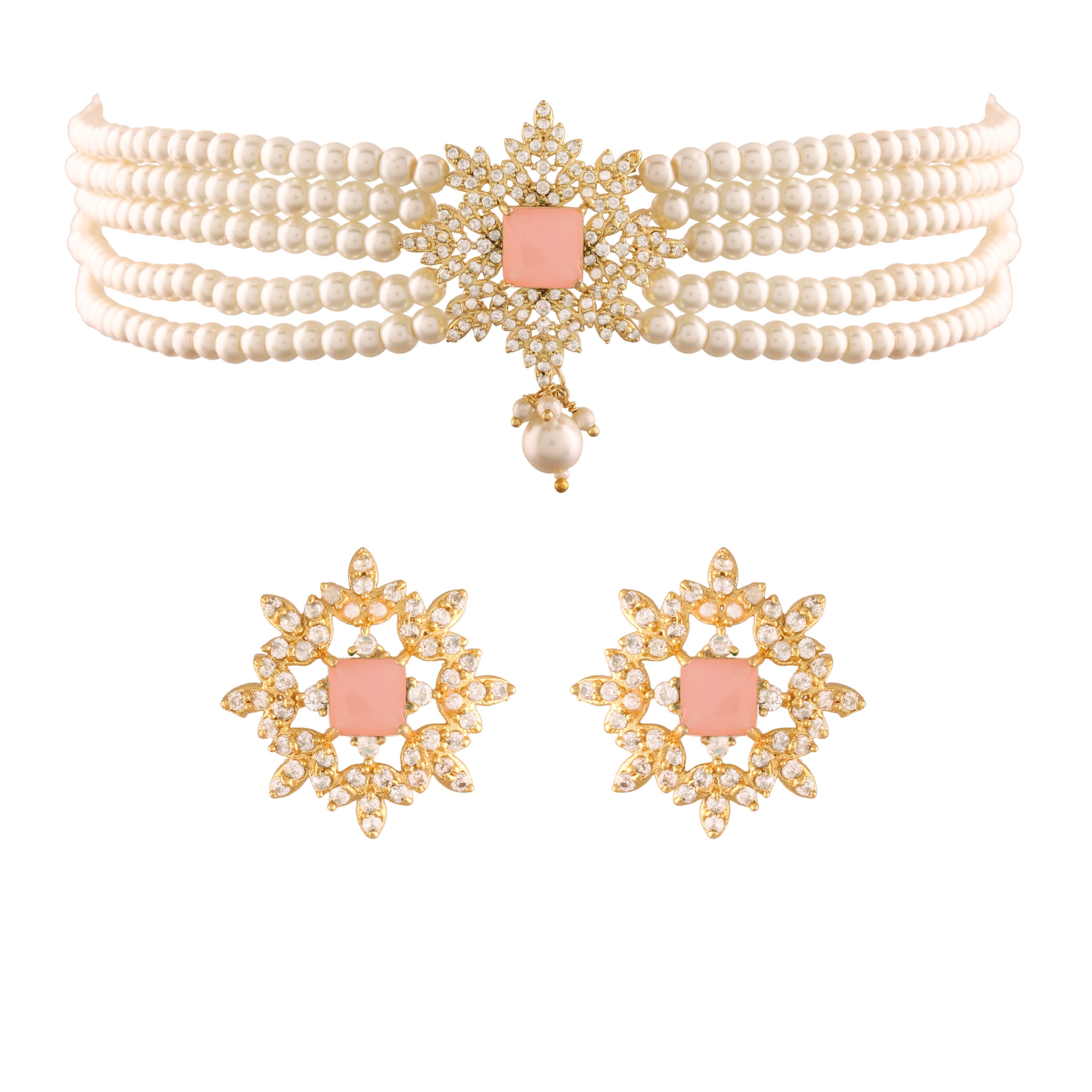 Women's Gold Plated Pink CZ Crystal Stone with Pearl Choker Necklace Set