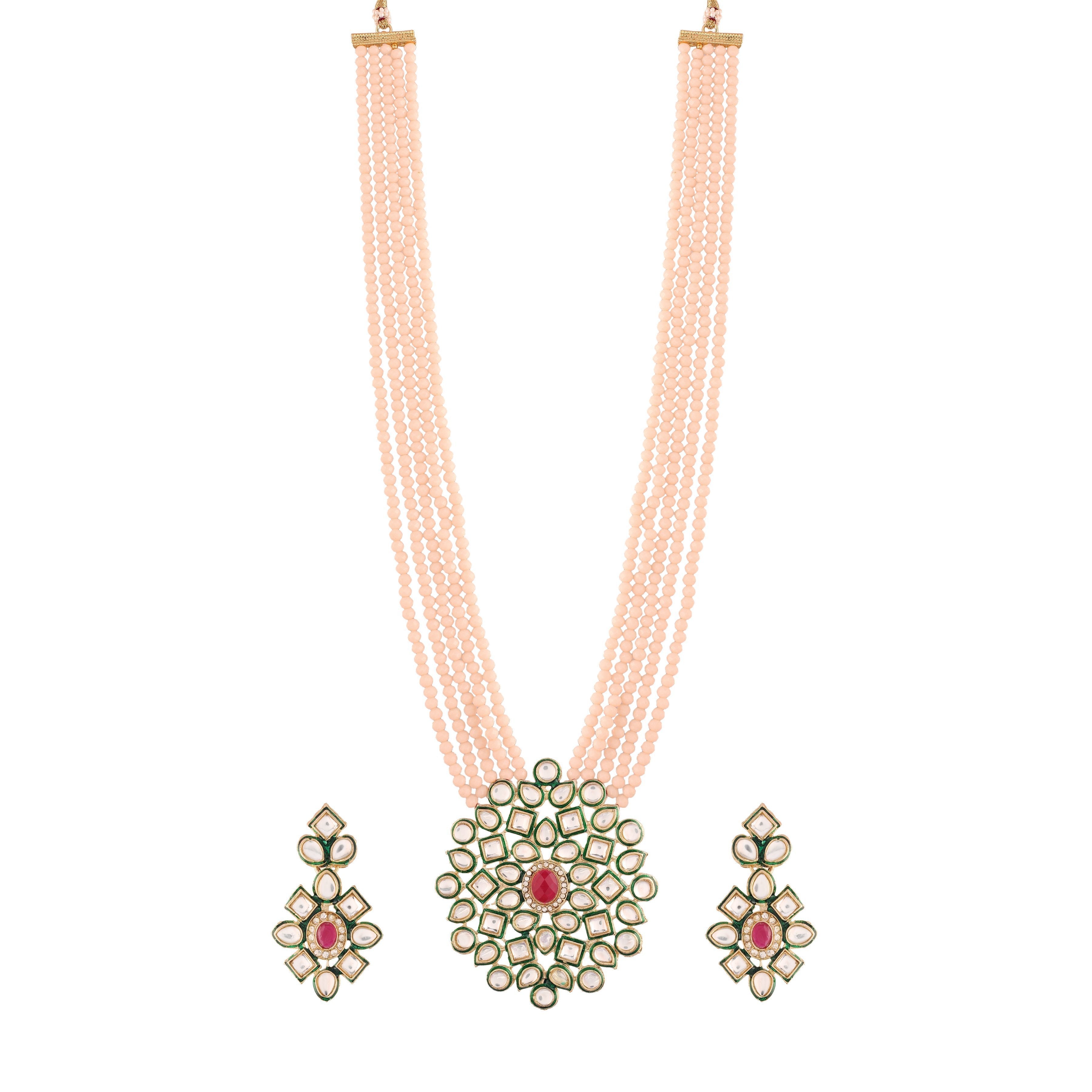 Women's 5 Layered Emerald Onyx Crystal Beads Necklace Set Glided With Uncut Polki Kundan