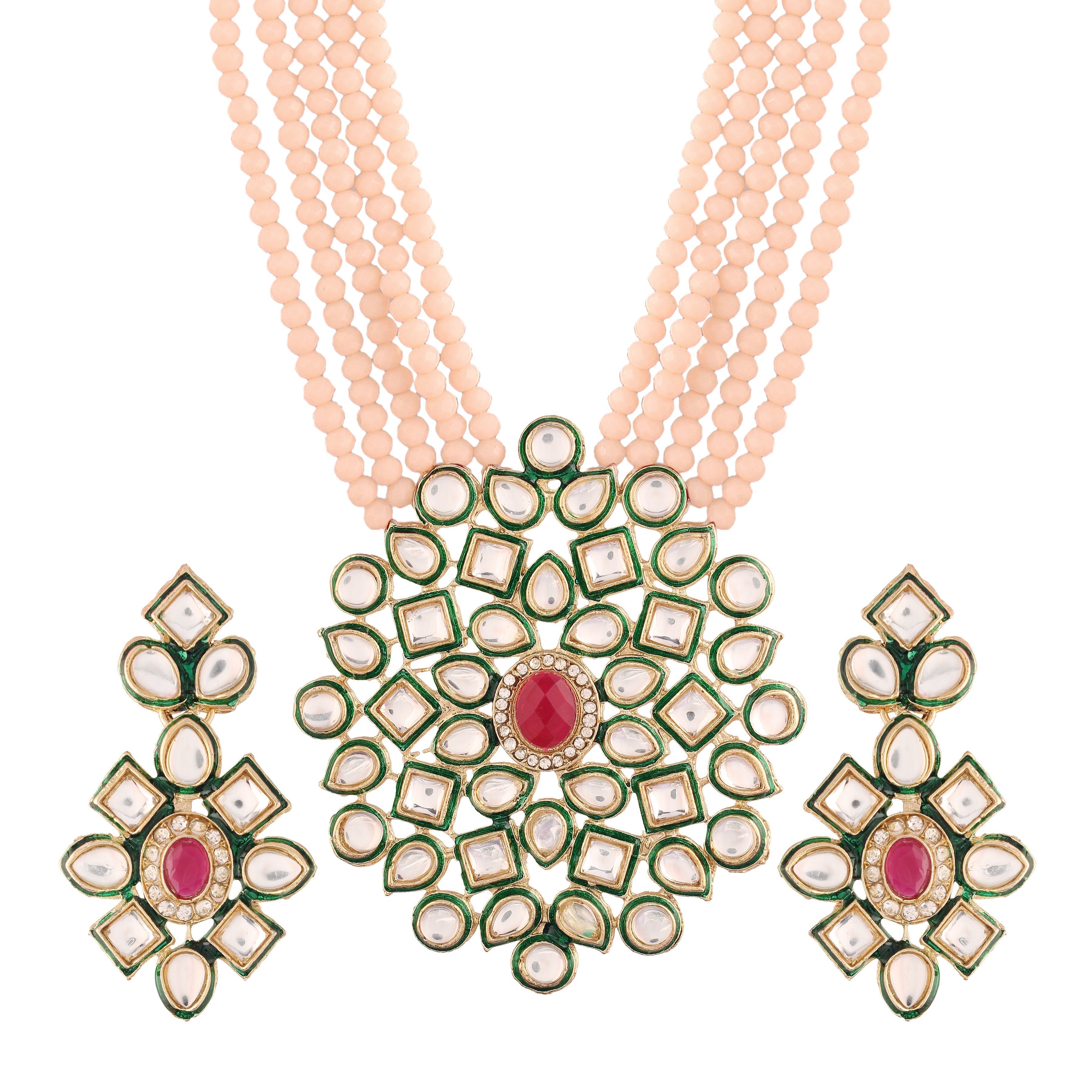 Women's 5 Layered Emerald Onyx Crystal Beads Necklace Set Glided With Uncut Polki Kundan