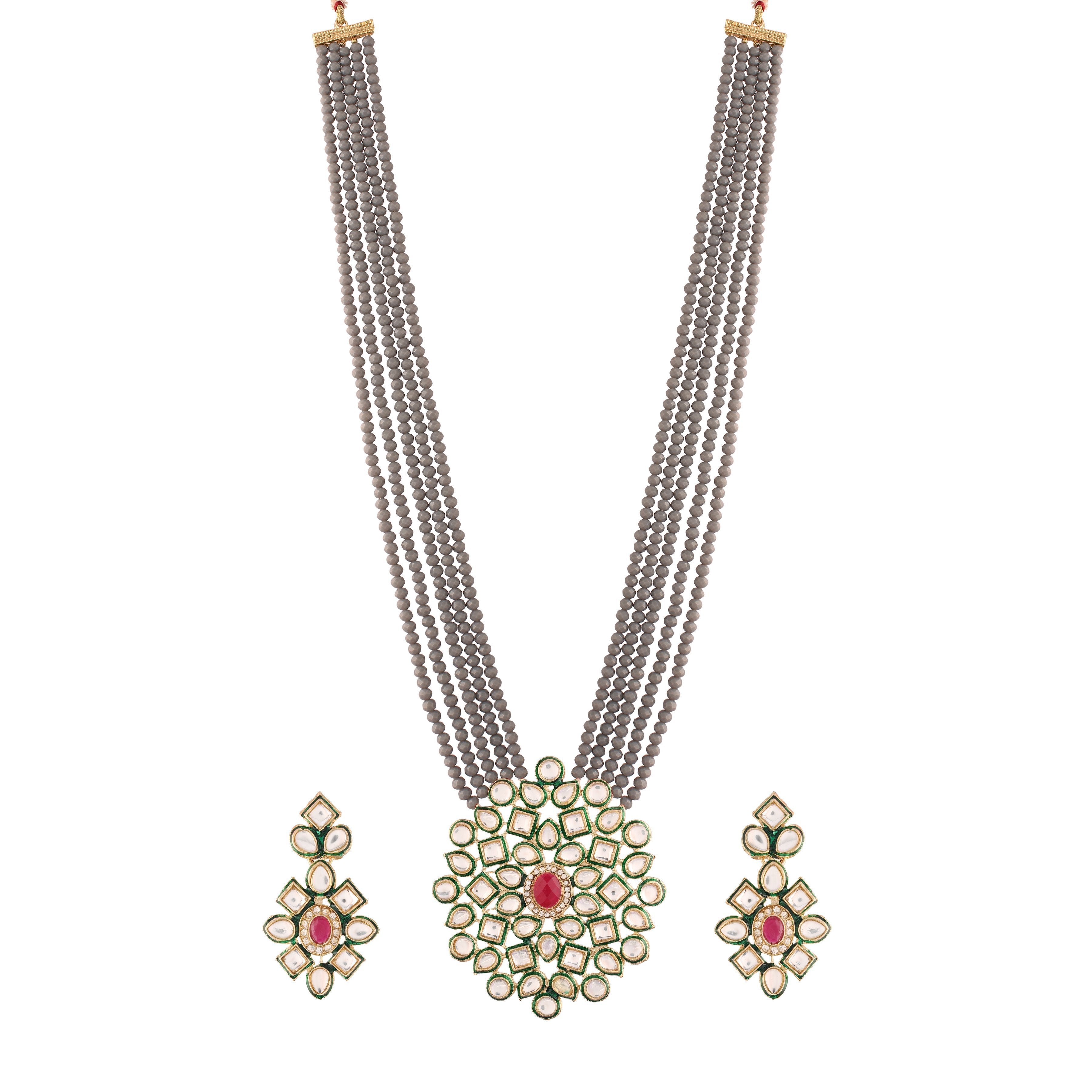 Women's 5 Layered Grey Onyx Crystal Beads Necklace Set Glided With Uncut Polki Kundan