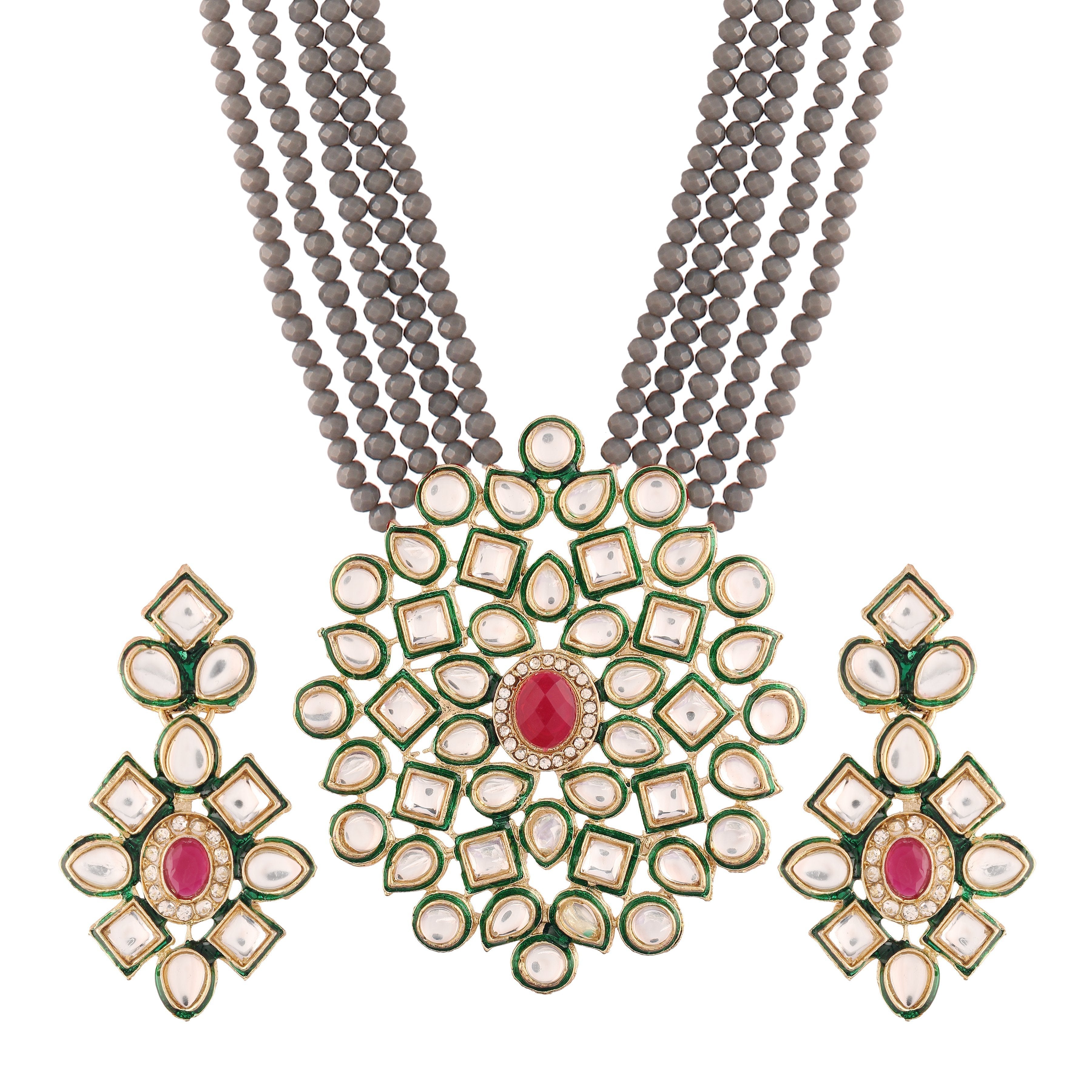 Women's 5 Layered Grey Onyx Crystal Beads Necklace Set Glided With Uncut Polki Kundan