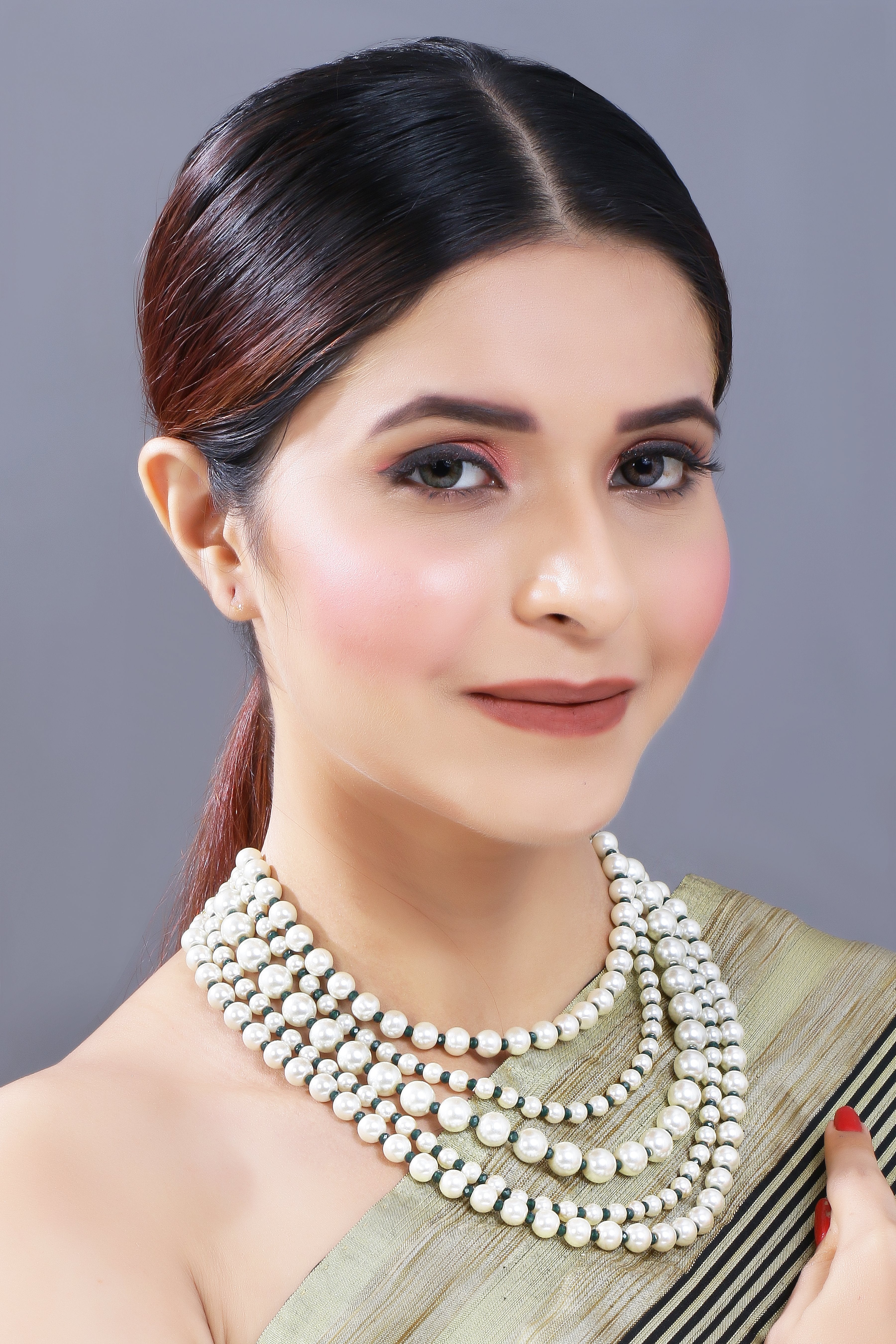 Women's Gold Plated Green 5 Layered Pearl Beads Rani Necklace Set