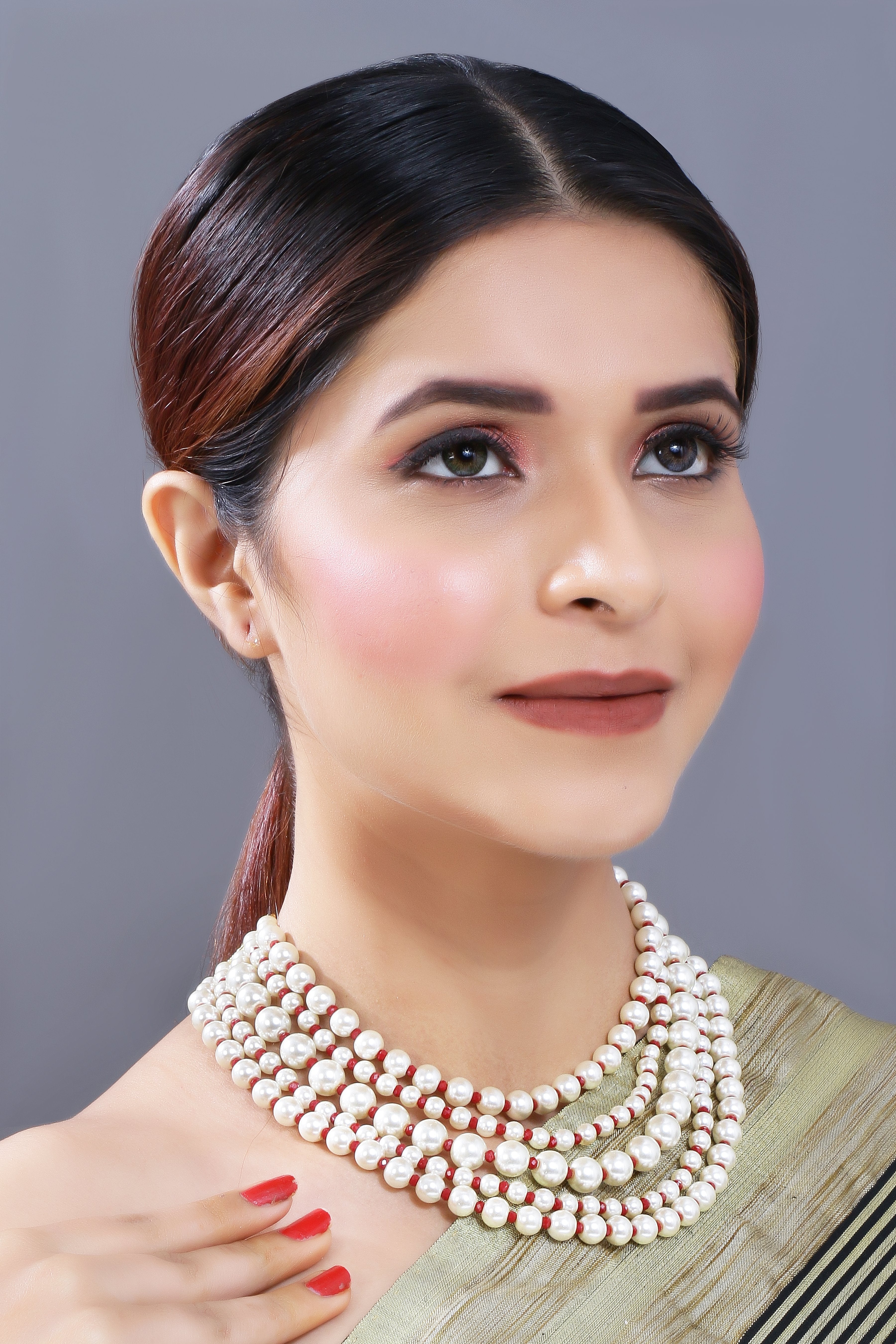 Women's Gold Plated Maroon 5 Layered Pearl Beads Rani Necklace Set