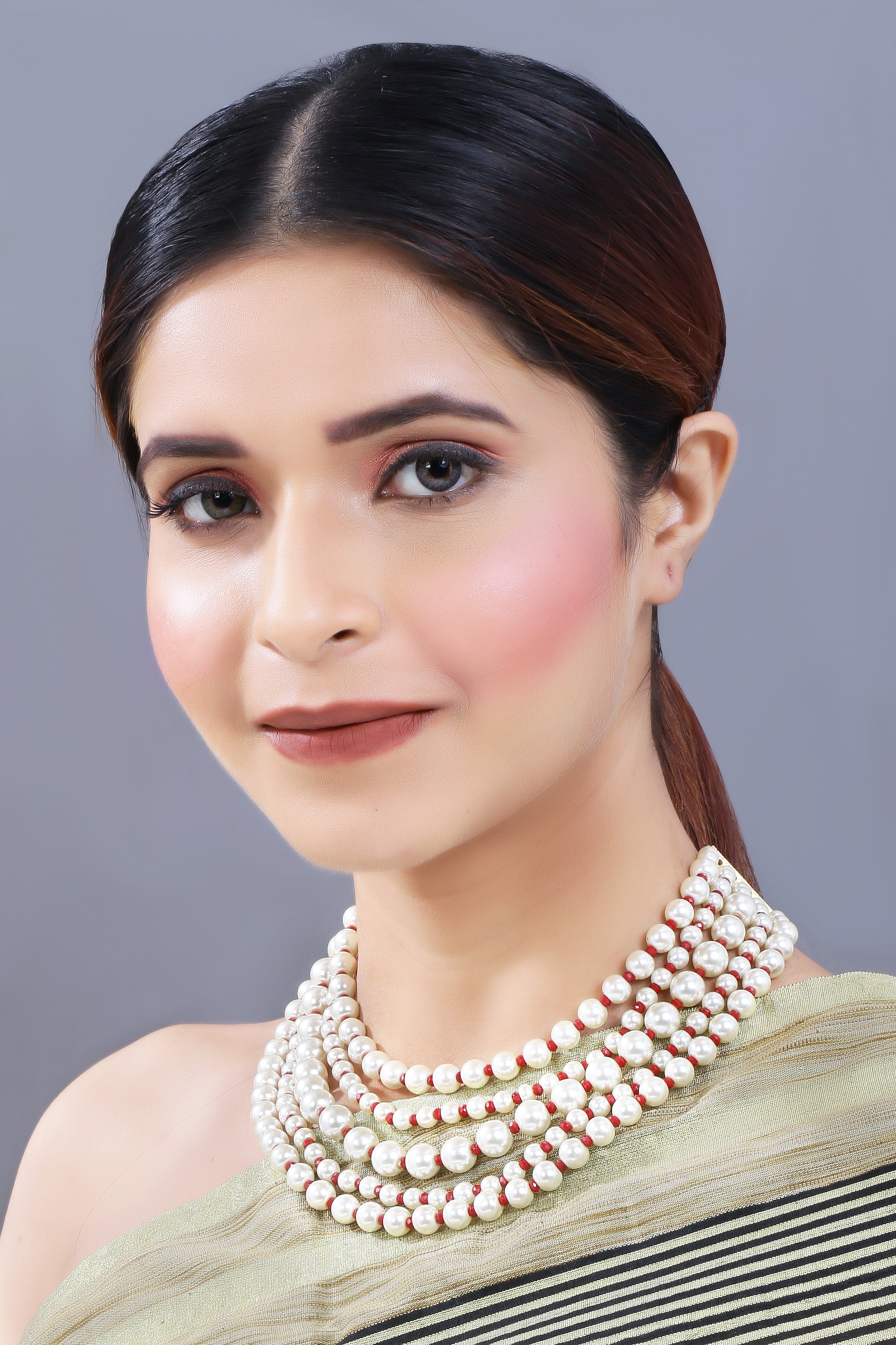 Women's Gold Plated Maroon 5 Layered Pearl Beads Rani Necklace Set