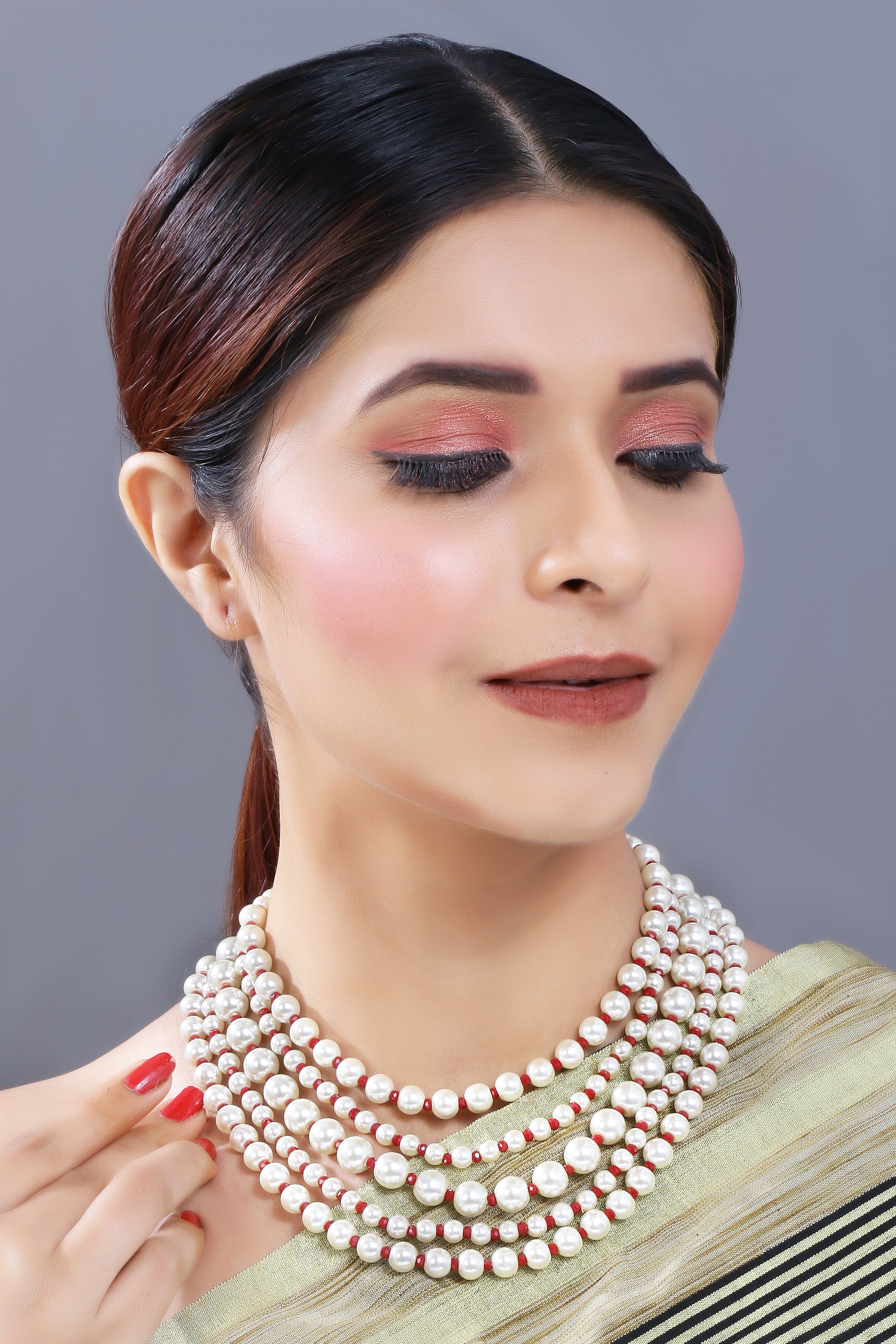 Women's Gold Plated Maroon 5 Layered Pearl Beads Rani Necklace Set