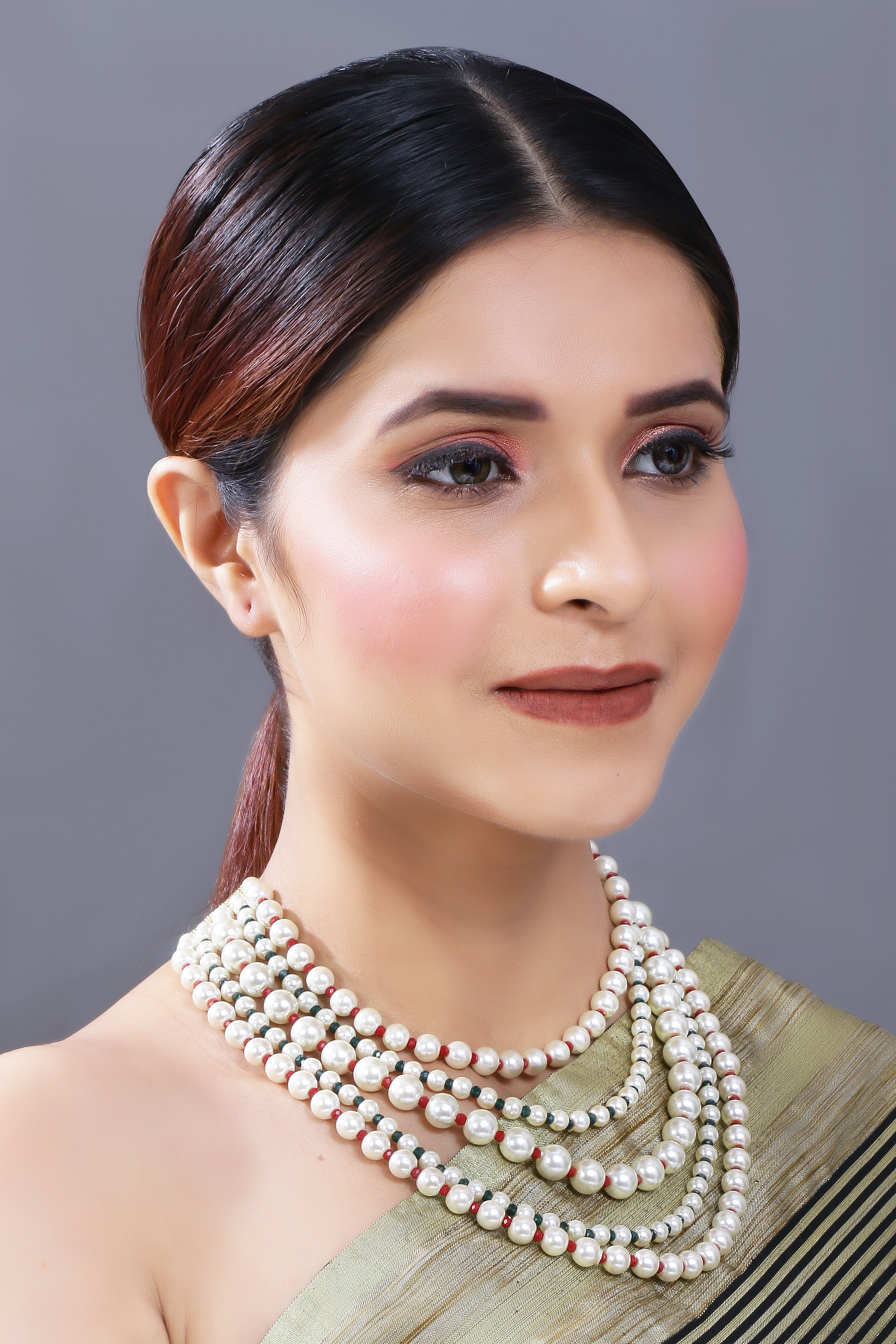 Women's Gold Plated Maroon & Green 5 Layered Pearl Beads Rani Necklace Set
