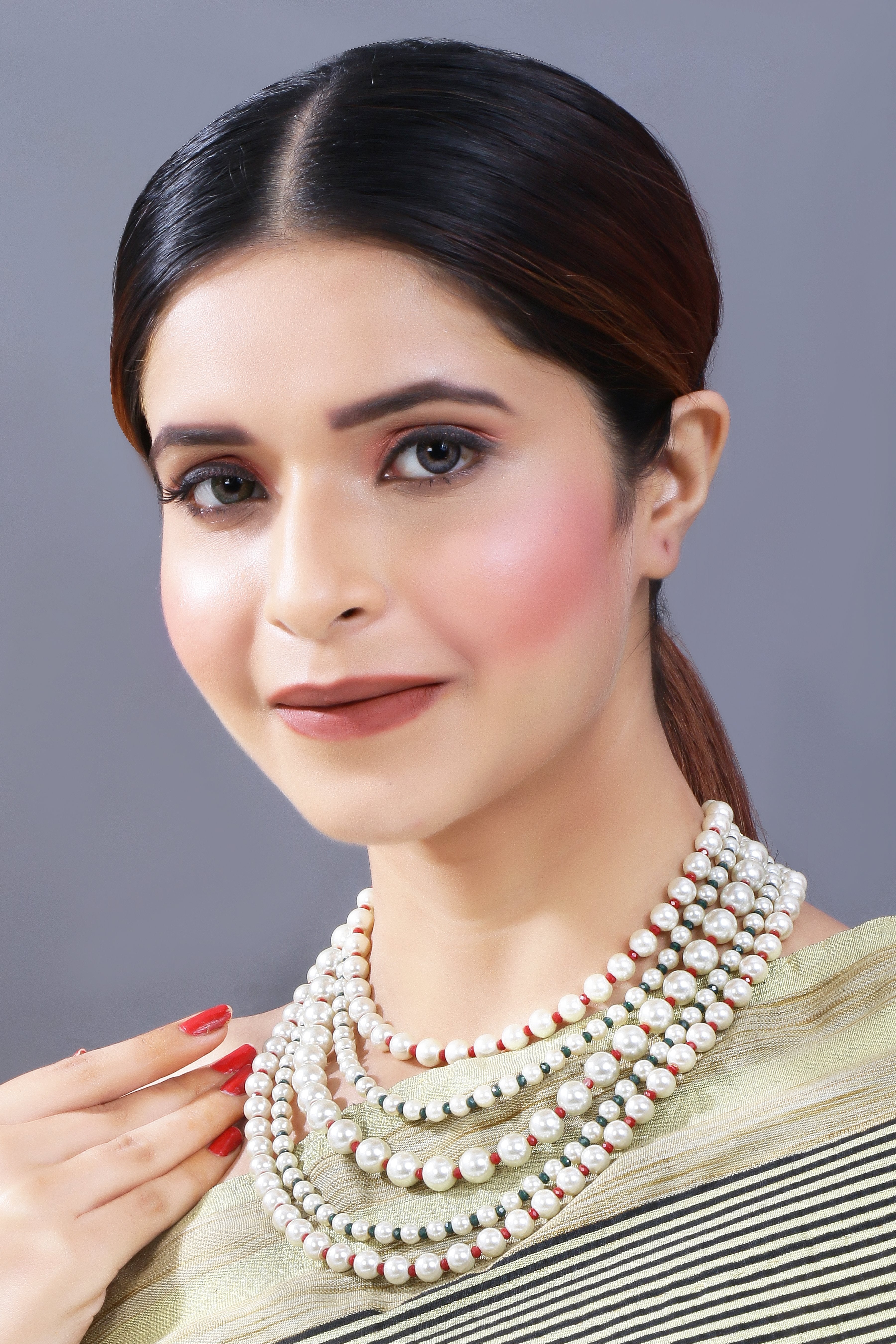 Women's Gold Plated Maroon & Green 5 Layered Pearl Beads Rani Necklace Set