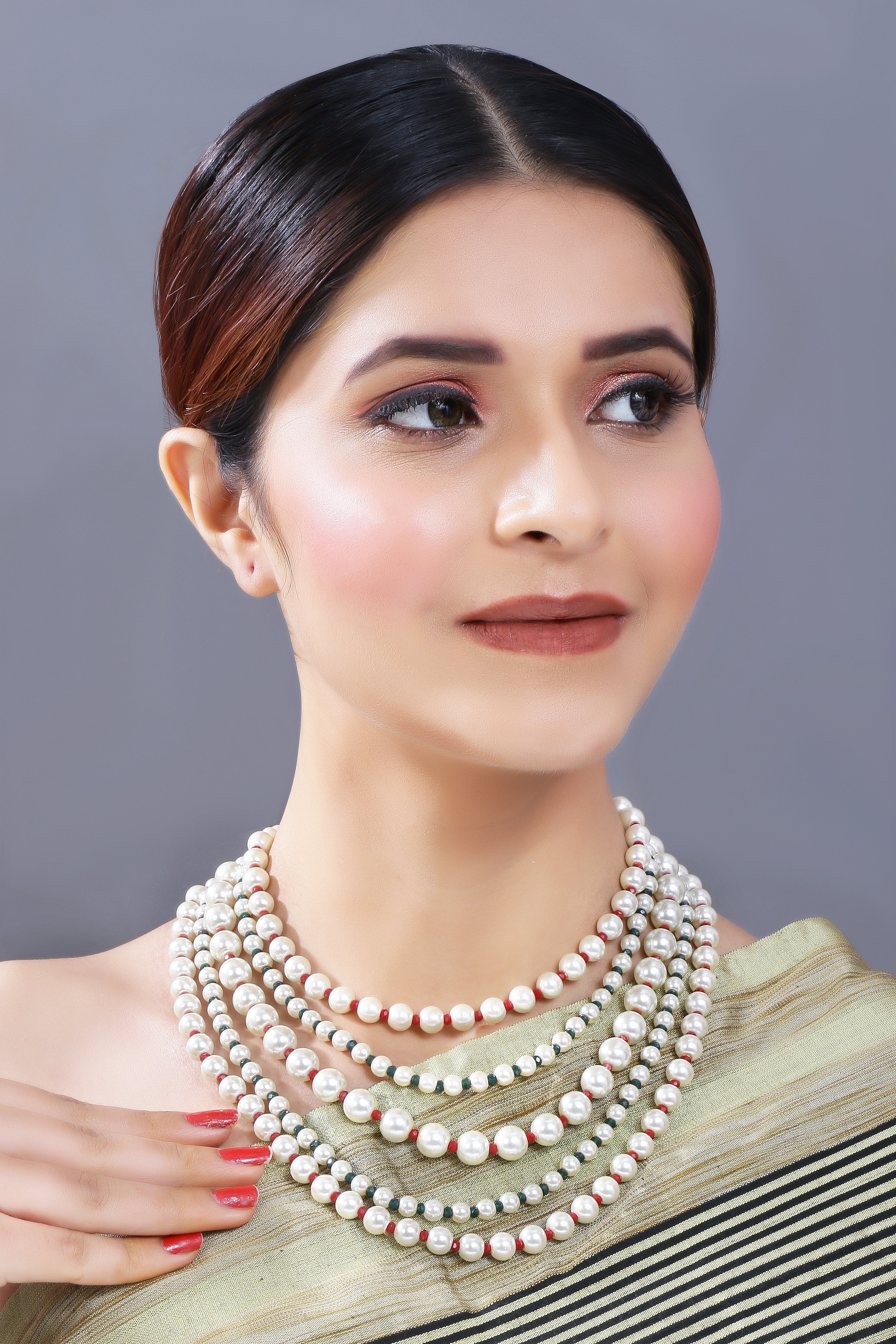 Women's Gold Plated Maroon & Green 5 Layered Pearl Beads Rani Necklace Set