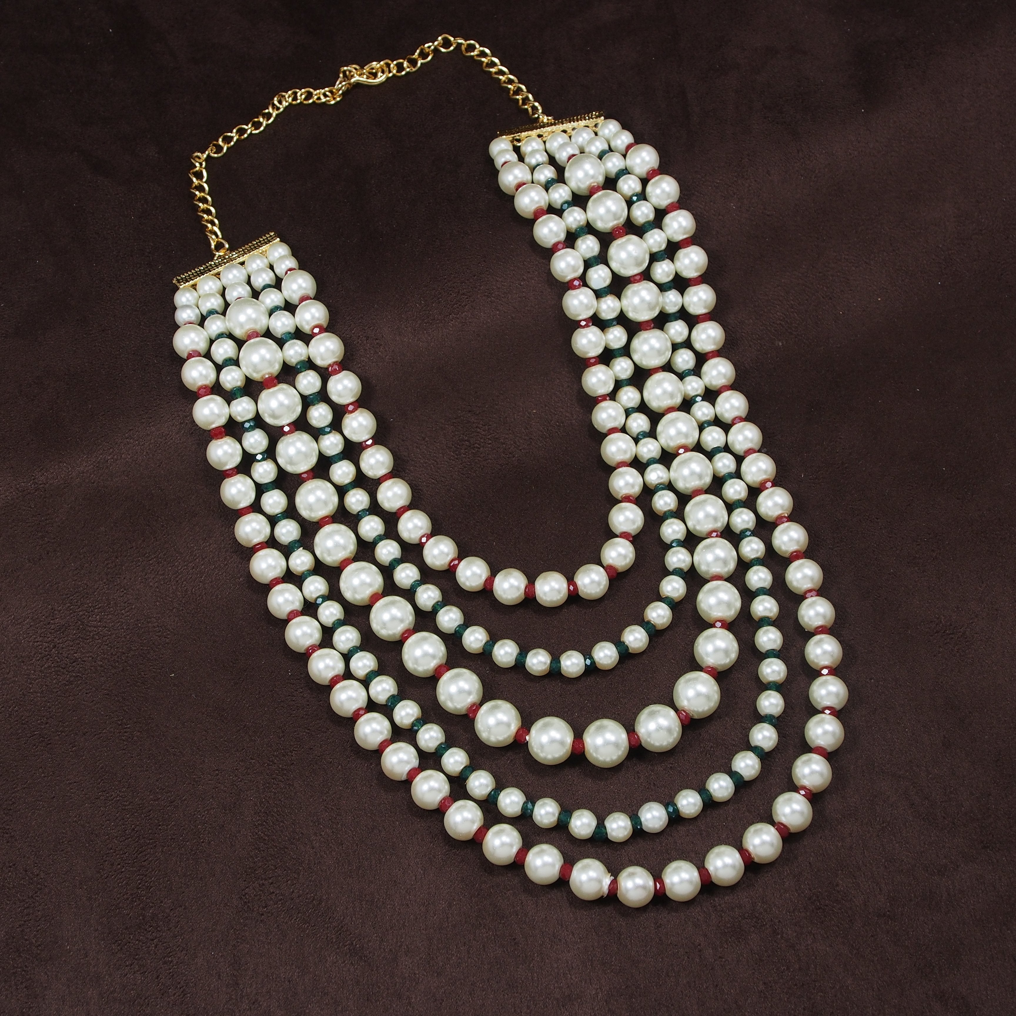 Women's Gold Plated Maroon & Green 5 Layered Pearl Beads Rani Necklace Set