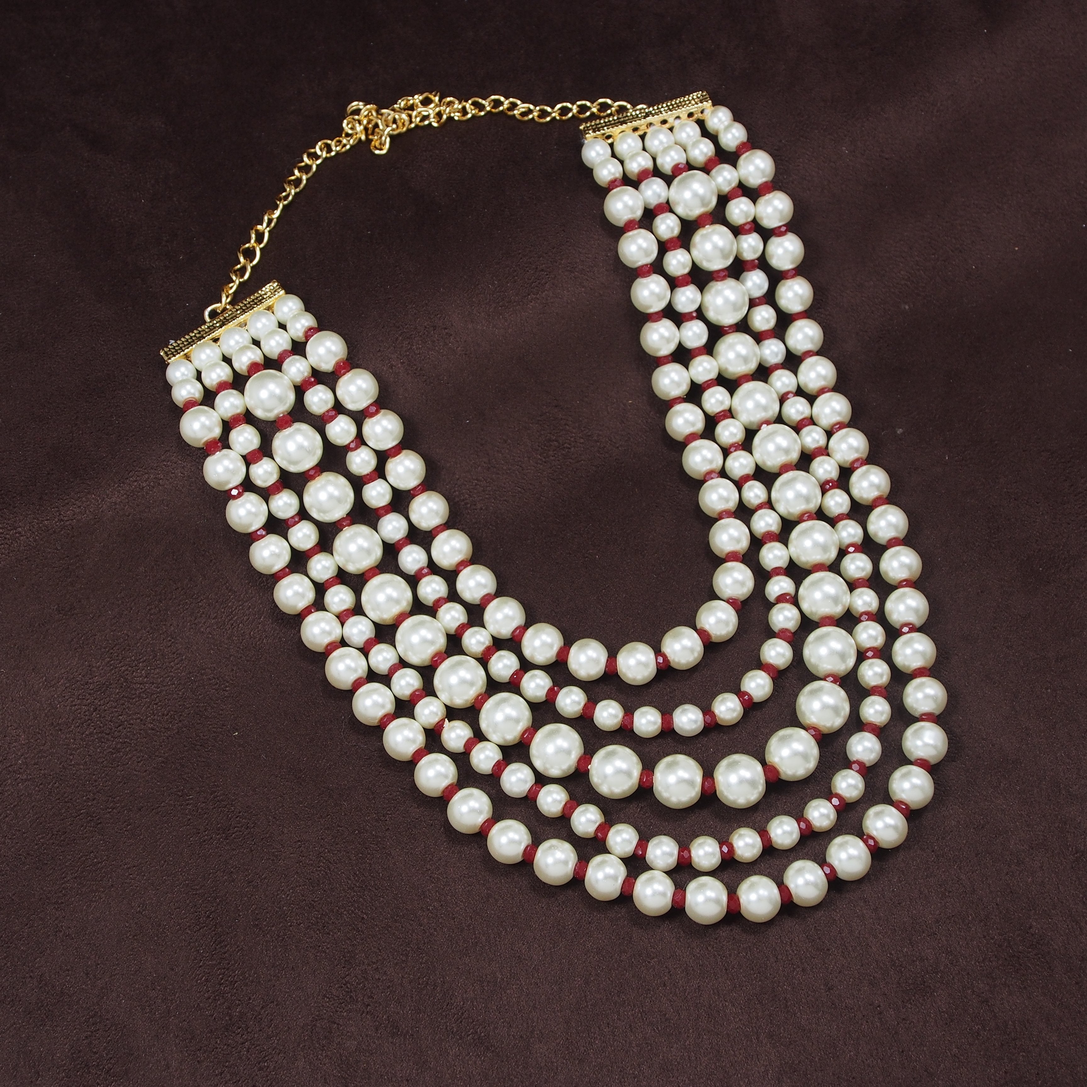 Women's Gold Plated Maroon 5 Layered Pearl Beads Rani Necklace Set