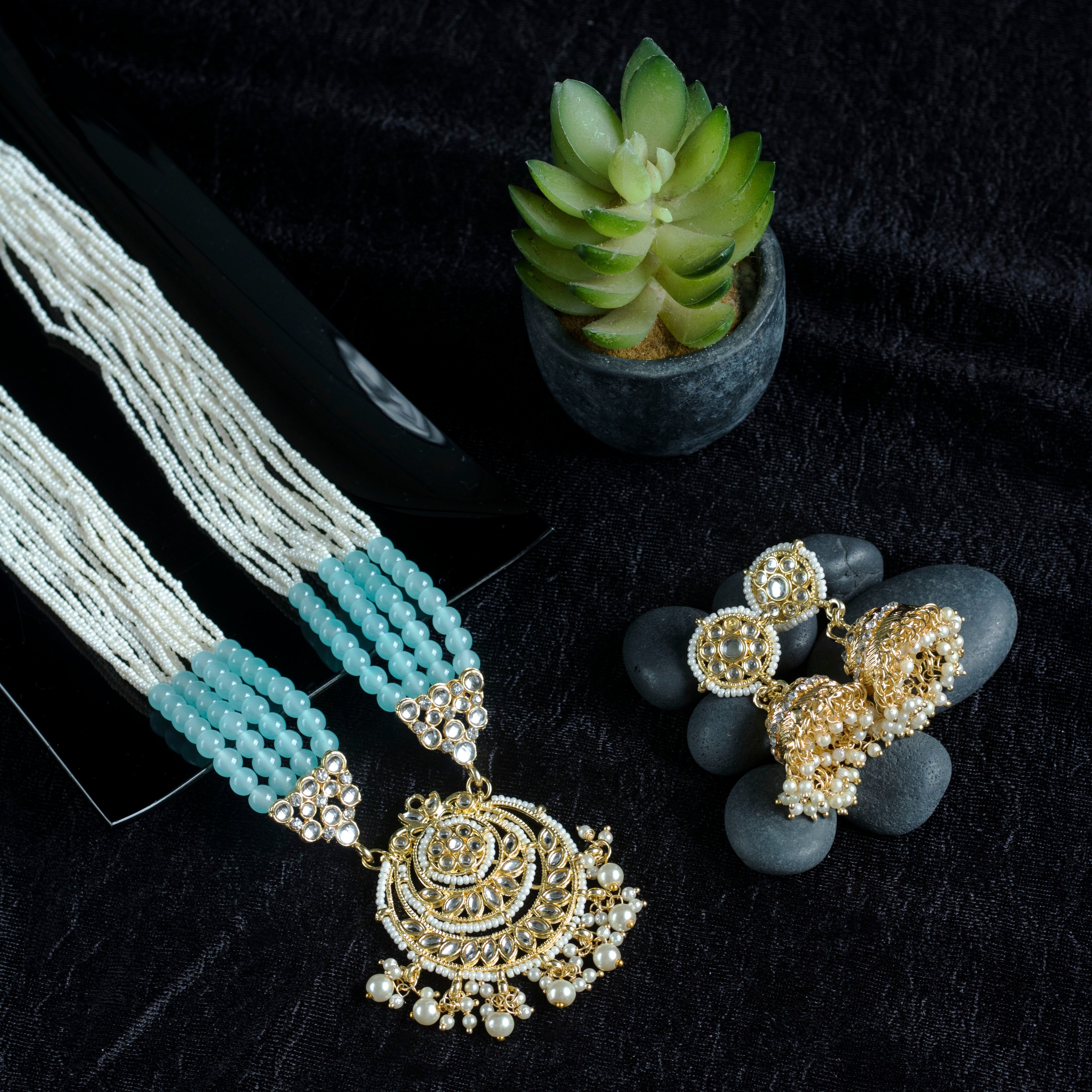Women's Gold Plated Turquoise Ethnic Kundan Pearl Studded Long Necklace Set