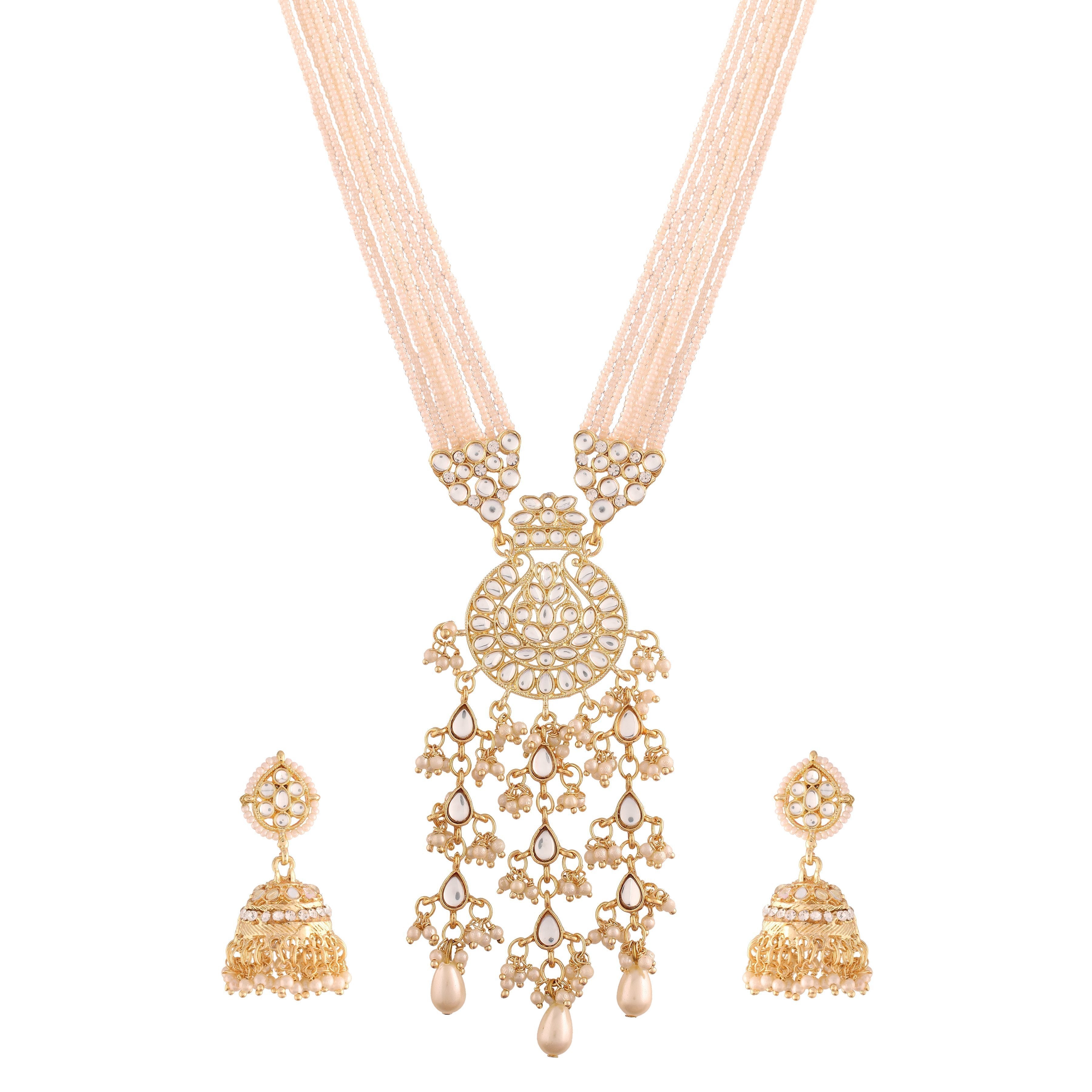 Women's Gold Plated White Ethnic Kundan Pearl Studded Long Necklace Set