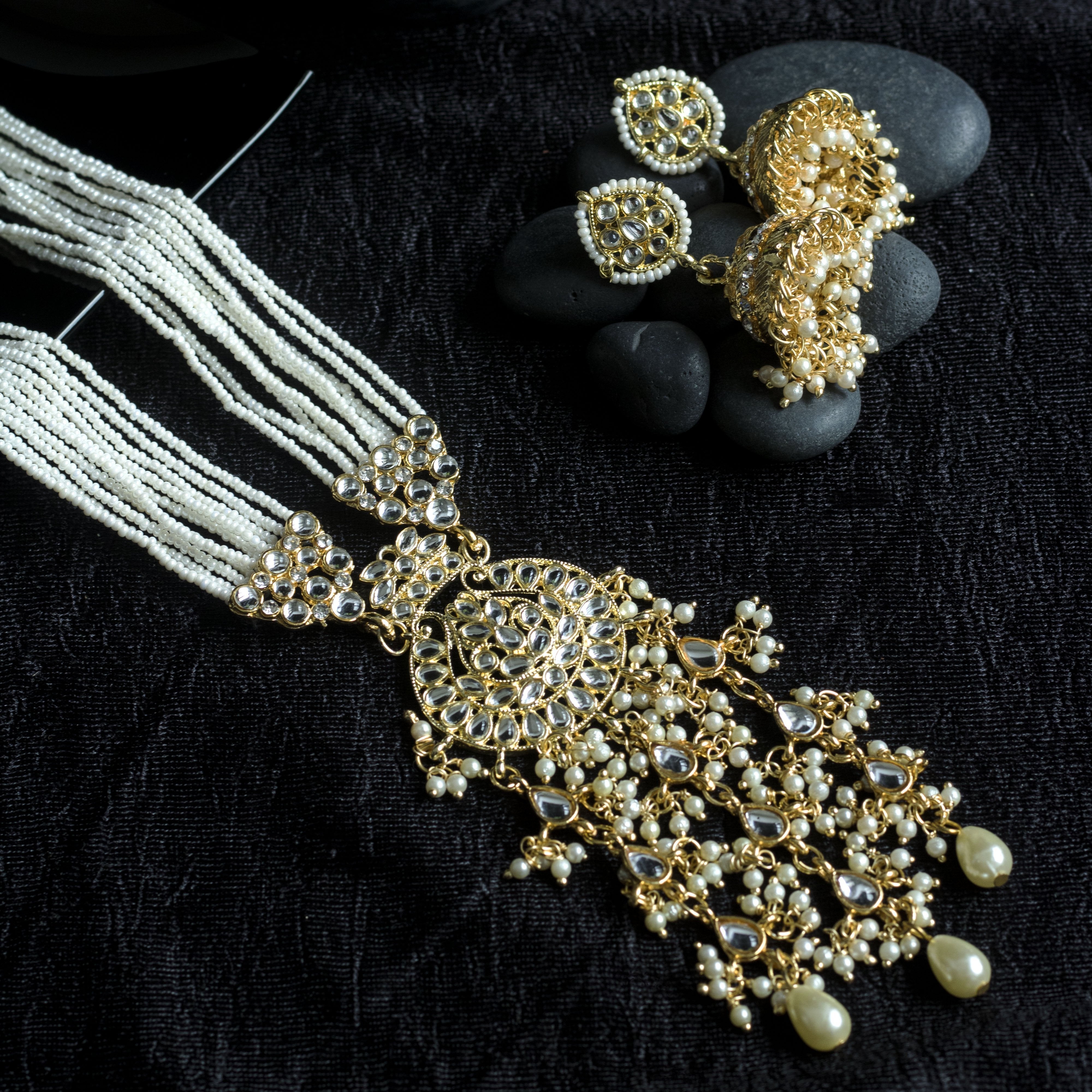 Women's Gold Plated White Ethnic Kundan Pearl Studded Long Necklace Set