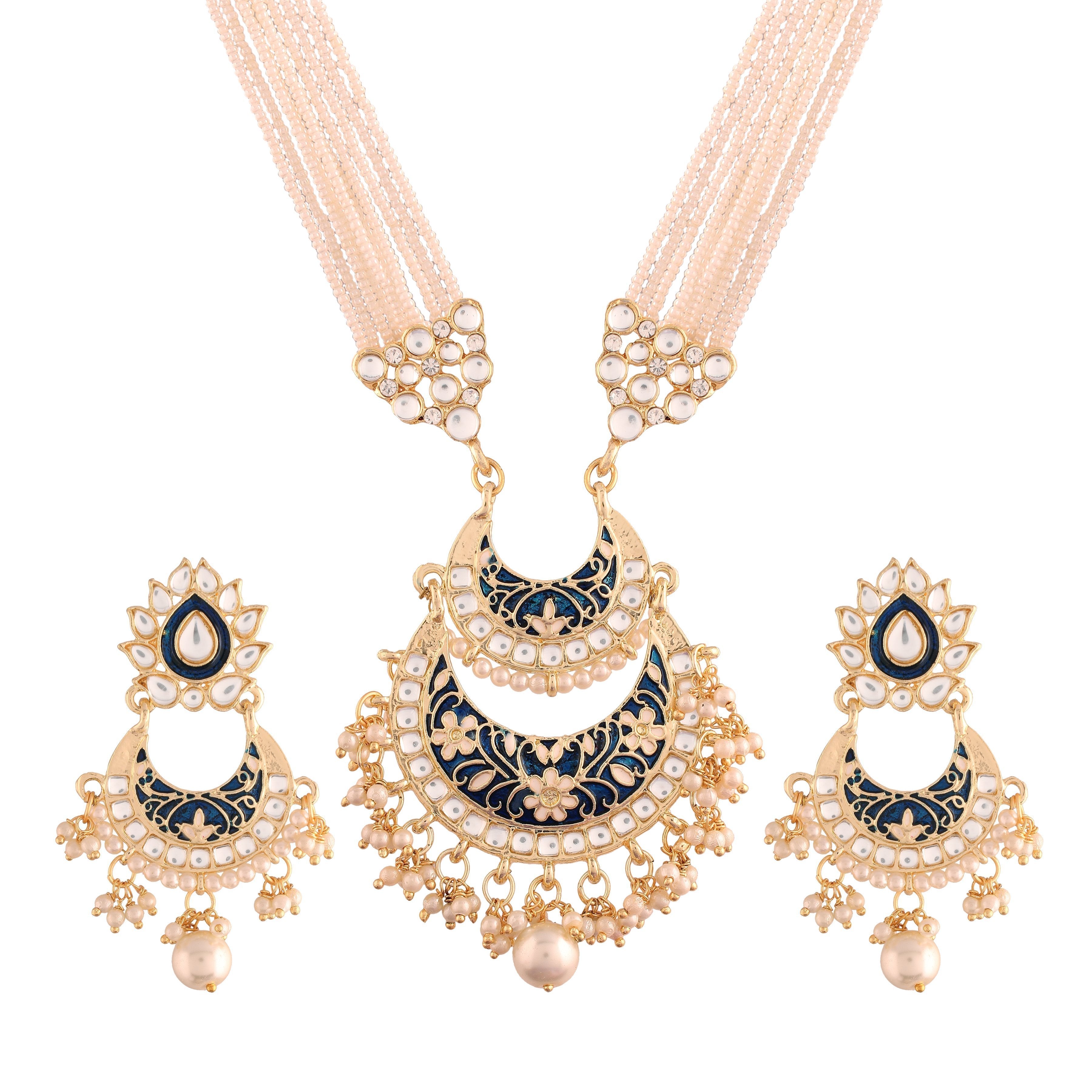 Women's Gold Plated Blue Ethnic Kundan Pearl Studded Meenakari Long Necklace Set