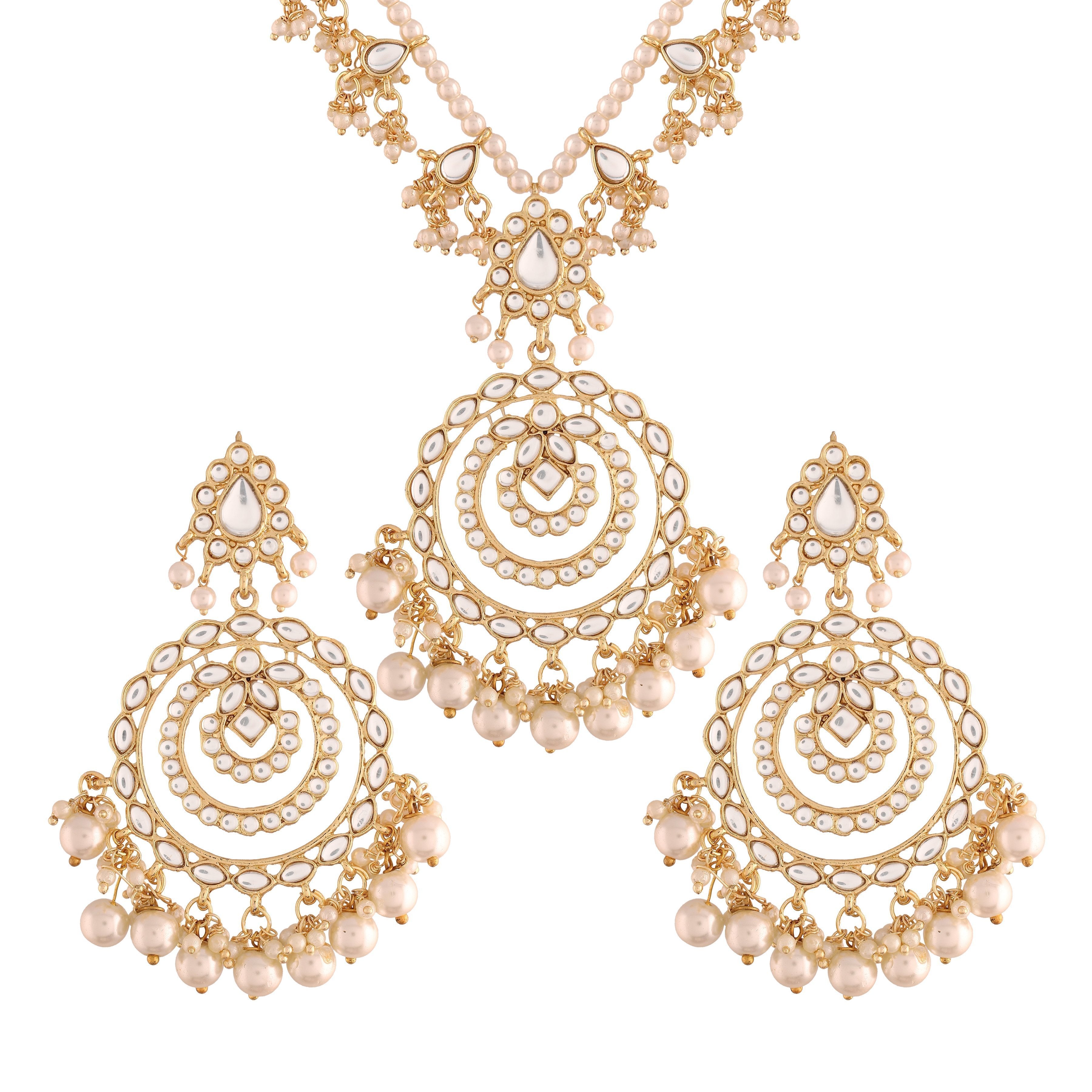 Women's Gold Plated White Ethnic Multi Layer Kundan Pearl Studded Long Necklace Set