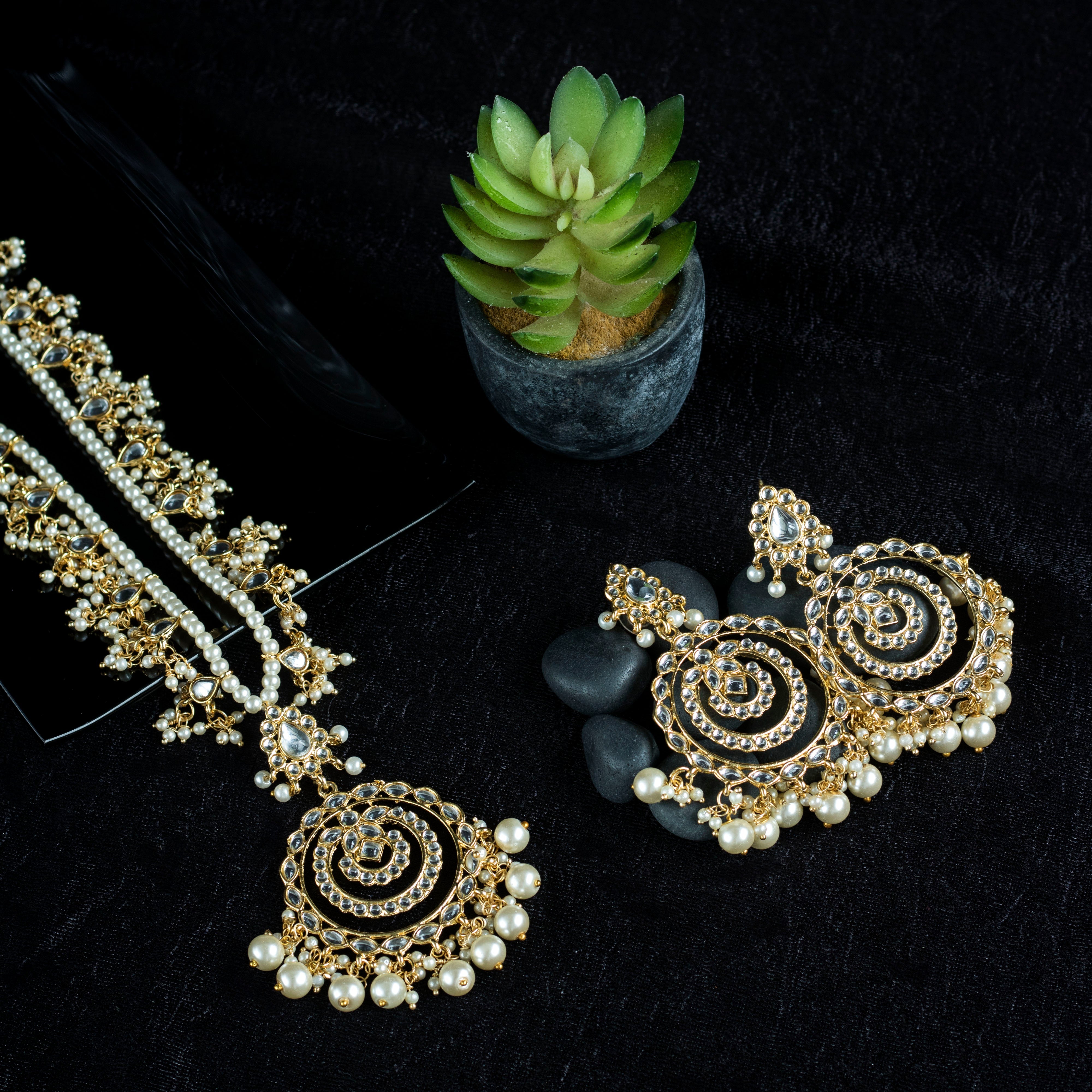 Women's Gold Plated White Ethnic Multi Layer Kundan Pearl Studded Long Necklace Set