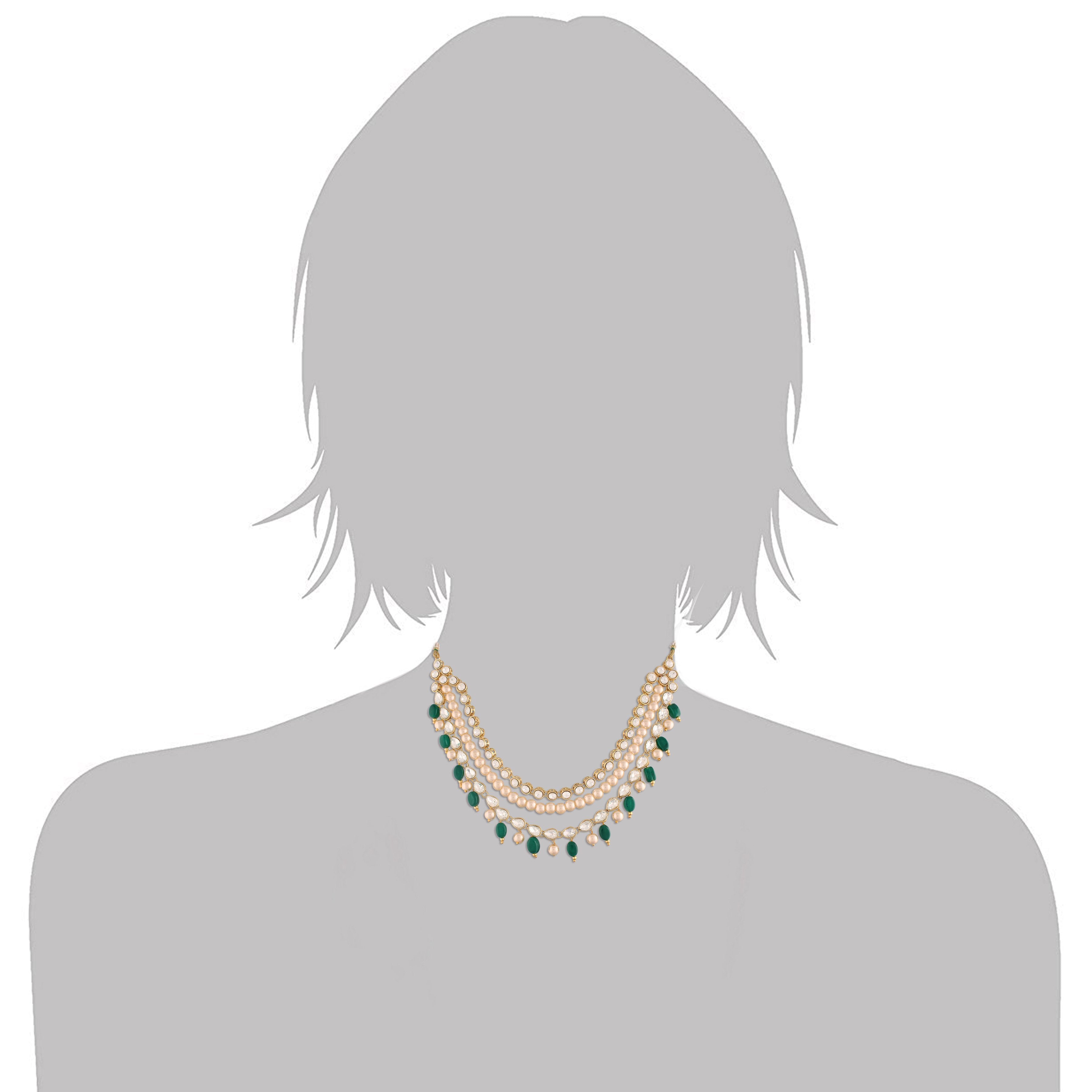 Women's  Gold Plated Pearl Studded & Beaded Necklace  Green Jewellery Set