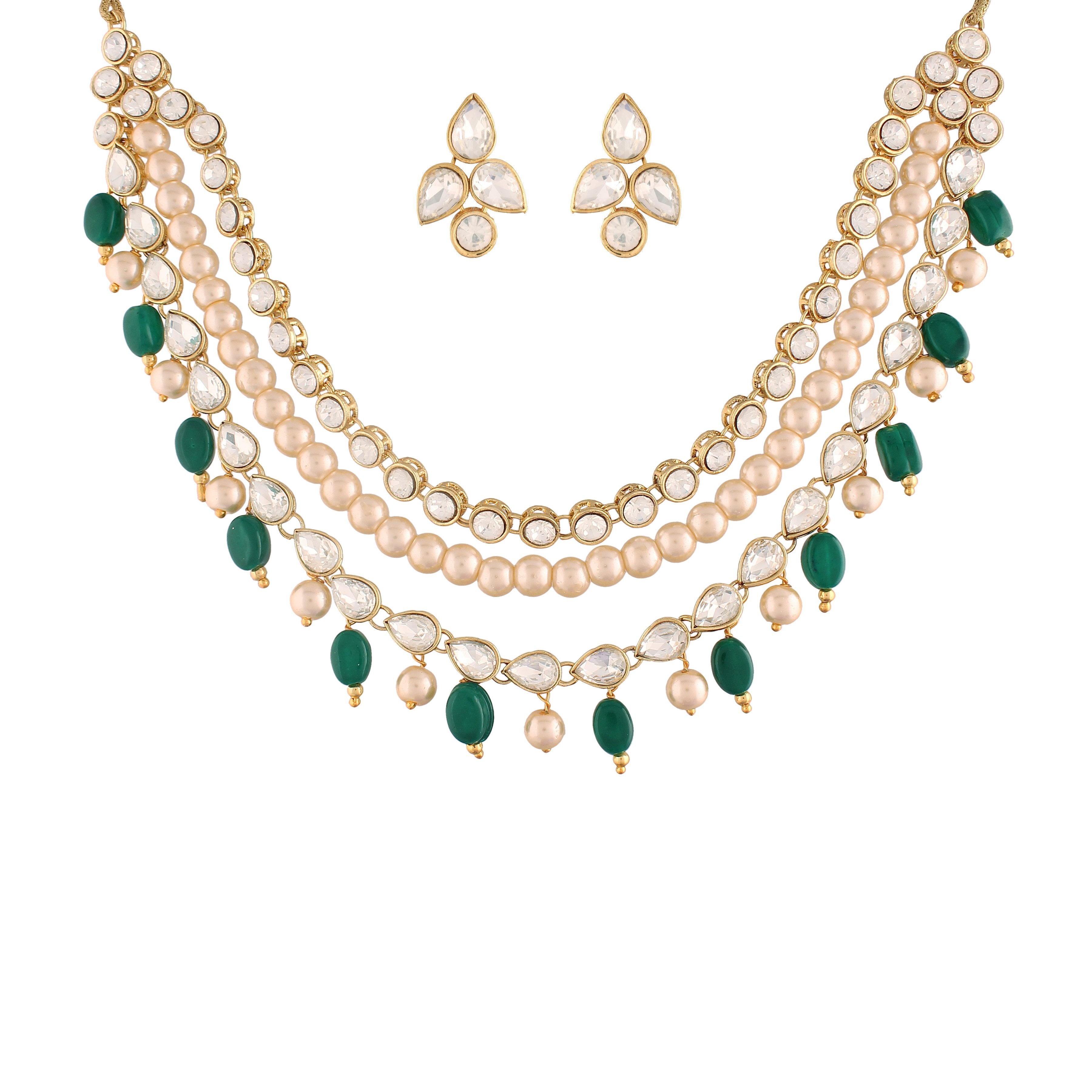 Women's  Gold Plated Pearl Studded & Beaded Necklace  Green Jewellery Set