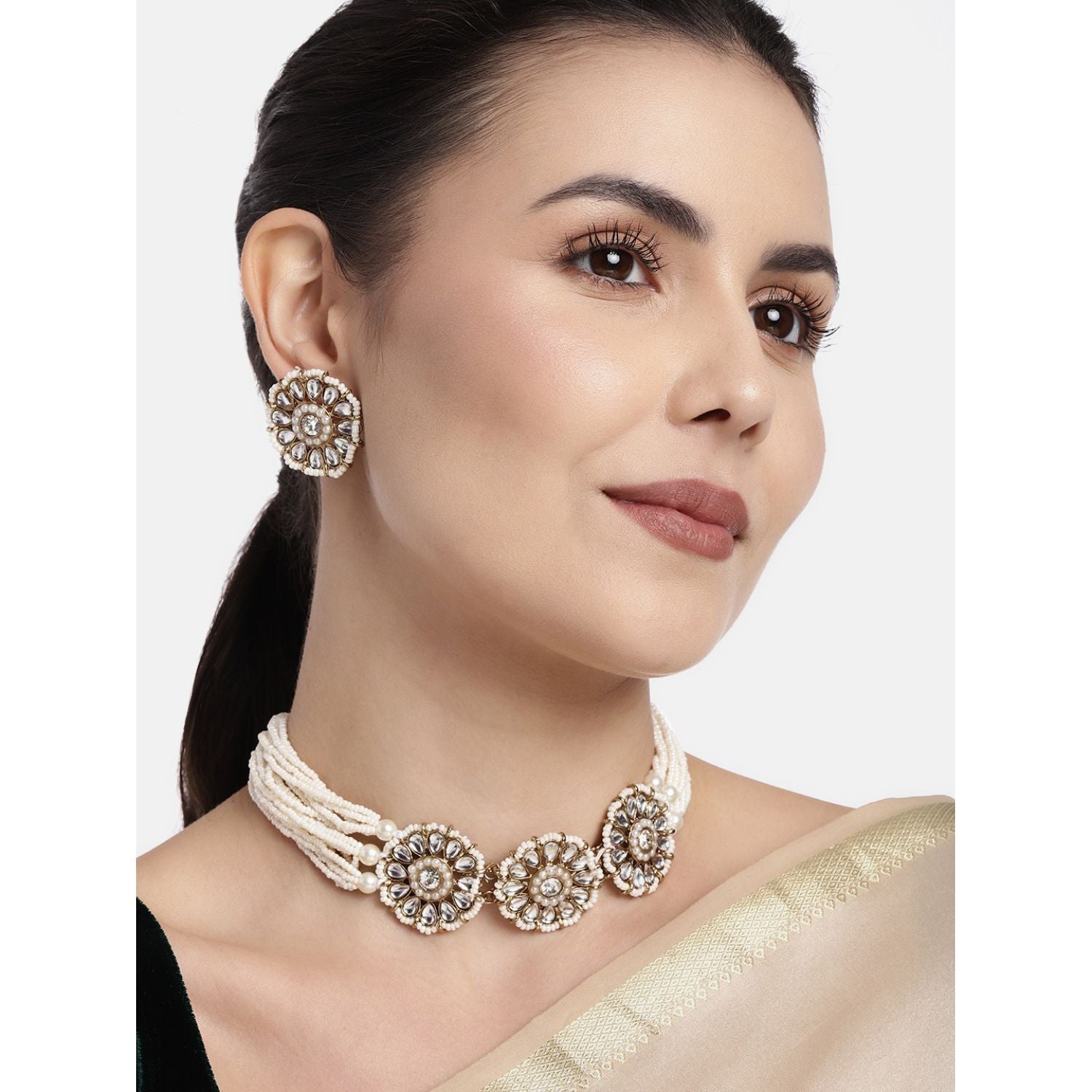 Women's 18K Gold Plated Traditional Kundan Studded Pearl choker with Earrings