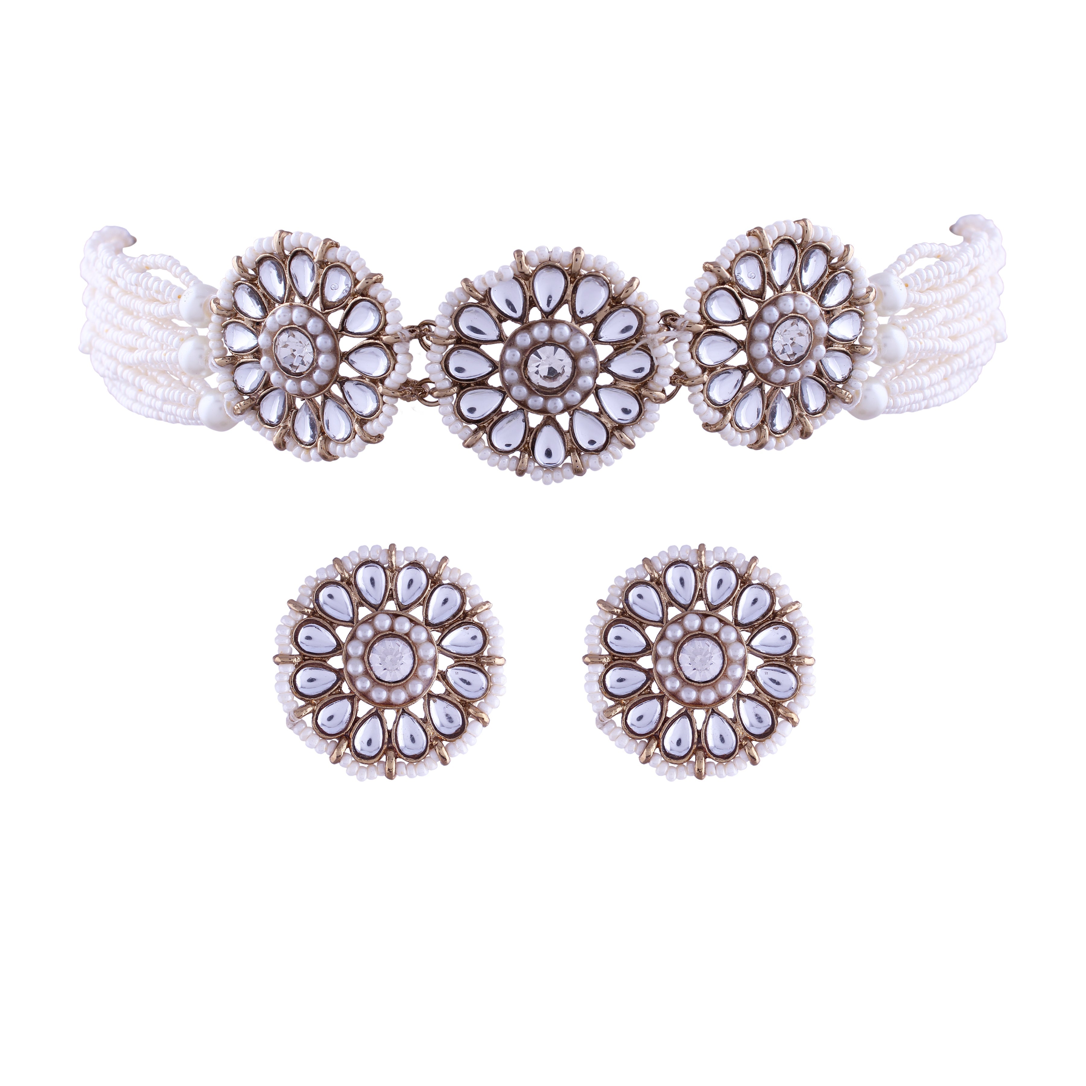 Women's 18K Gold Plated Traditional Kundan Studded Pearl choker with Earrings